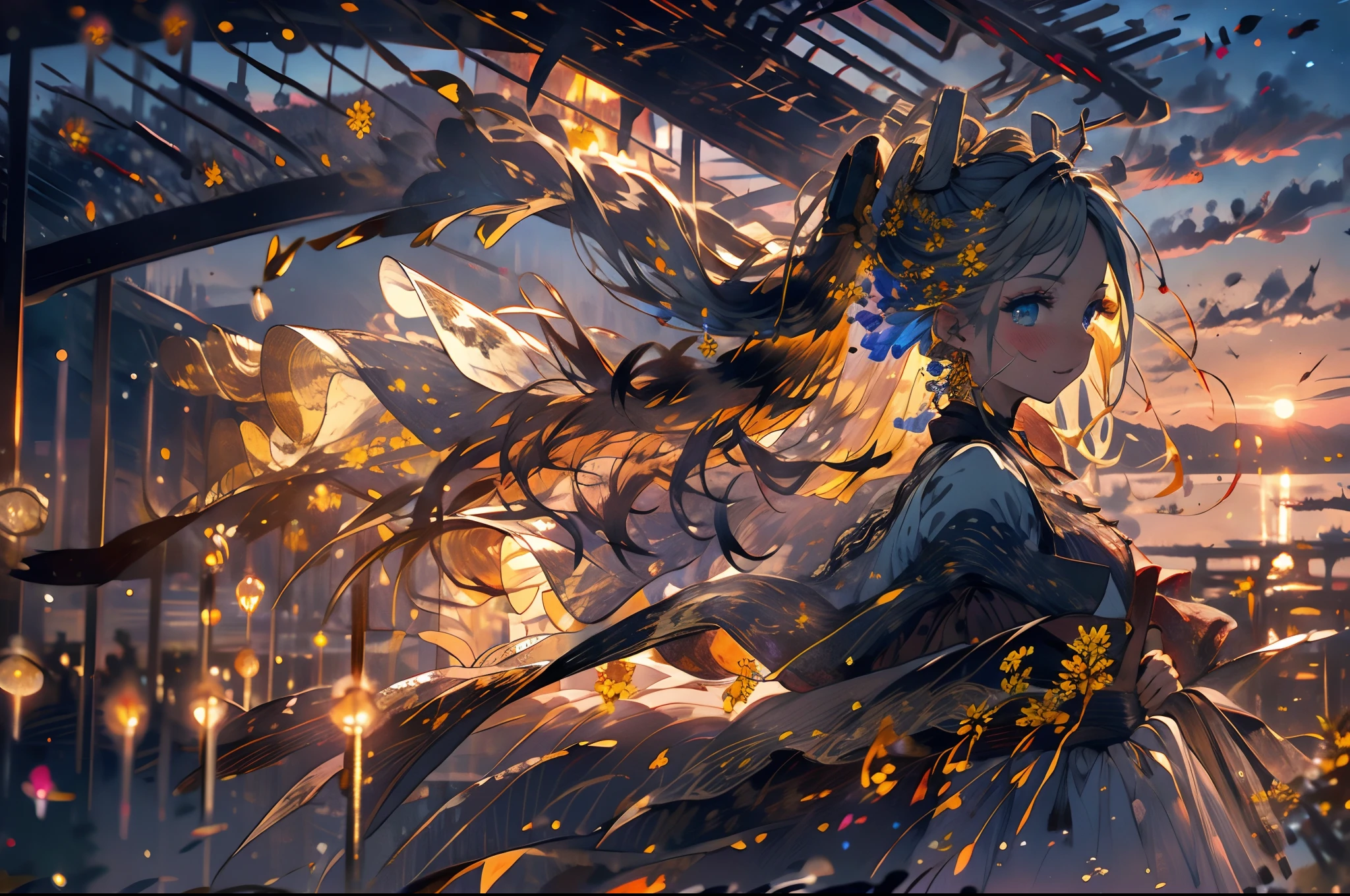 best quality, masterpiece, extremely detailed, detailed background, 1girl, solo, yellow hair, blue eyes, braid, long hair, wavy hair, fluffy hair, ponytail, french braid, blush, smile, capelet, lace trim, bodice, sunset, dusk, scenery, high place, horizon, wind, wind blow, flowerbed, looking at viewer, depth of field, bokeh