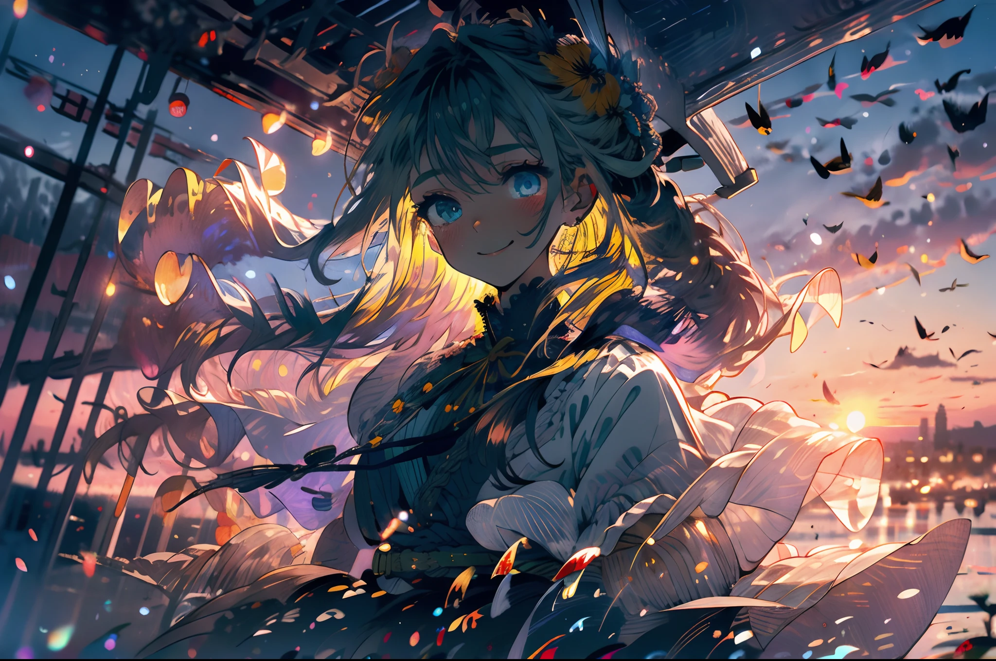 best quality, masterpiece, extremely detailed, detailed background, 1girl, solo, yellow hair, blue eyes, braid, long hair, wavy hair, fluffy hair, ponytail, french braid, blush, smile, capelet, lace trim, bodice, sunset, dusk, scenery, high place, horizon, wind, wind blow, flowerbed, looking at viewer, depth of field, bokeh