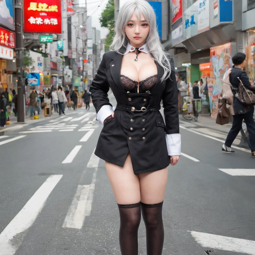 Japan Female, 13years、((((Little fat woman))))、short-haired、white hair、hitornfreckles、Kamimei、((((tiny chest))))、A sexy、appearance、((drooing eyes))、(((( German Uniform))))、(((Bondage fashion under a long black coat)))、Best Quality, full-face blush, , frontage、Behind,. pile-driver. (thighs thighs thighs thighs),(((sticking her butt out: 1.2))), Troubled face, Viewer Viewing, Wet buttocks,, (((heavy-metal))), big butts、(((Intersection in Shibuya)))、((((Stand up and turn your ass to taunt)))、(((Show)))、Show your、girdle、Black lace underwear、bontage、nffsw