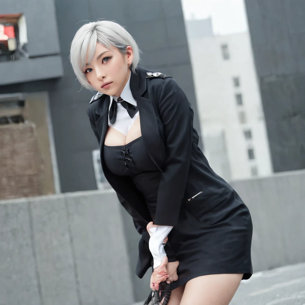 Japan Female, 13years、((((Little fat woman))))、short-haired、white  hair、hitornfreckles、Kamimei、((((tiny chest))))、A sexy、appearance、((drooing eyes))、(((( German Uniform))))、(((Bondage fashion under a long black coat)))、Best Quality, full-face blush, , frontage、Behind,. pile-driver. (thighs thighs thighs thighs),(((sticking her butt out: 1.2))), Troubled face, Viewer Viewing, Wet buttocks,, (((heavy-metal))), big butts、(((Intersection in Shibuya)))、((((Stand up and turn your ass to taunt)))、(((Show)))、Show your、girdle、Black lace underwear、bontage、nffsw