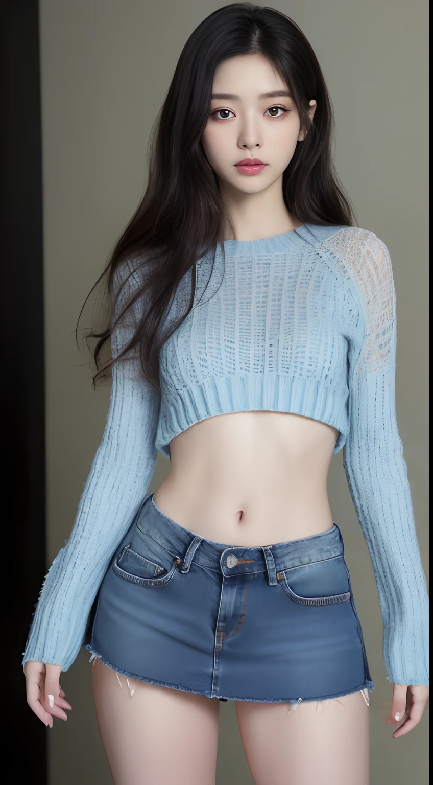 (masuter piece:1.3)、(8K、Photorealsitic、Raw photography、top-quality: 1.4)、(1girl in)、beautiful countenance、(Lifelike face)、(A dark-haired、Long)、
Beautiful hairstyle、realisticeyes、Beautiful details、(real looking skin)、Beautiful skins、absurderes、enticing、超A high resolution、A hyper-realistic、high-detail、the golden ratio、
((wide open abdomen))、((open abdomen))、((wide open navel))、((open navel))、((Mid-Riff Sweater))、((Ultra-low rise、Denim Mini Skirt))、
((Navel Ejection))、((small hips))、((long limbs))、((Full body depiction))、((small hip))、(boots)、((Ultra-low rise))、((Denim Mini Skirt))、
((is standing))、