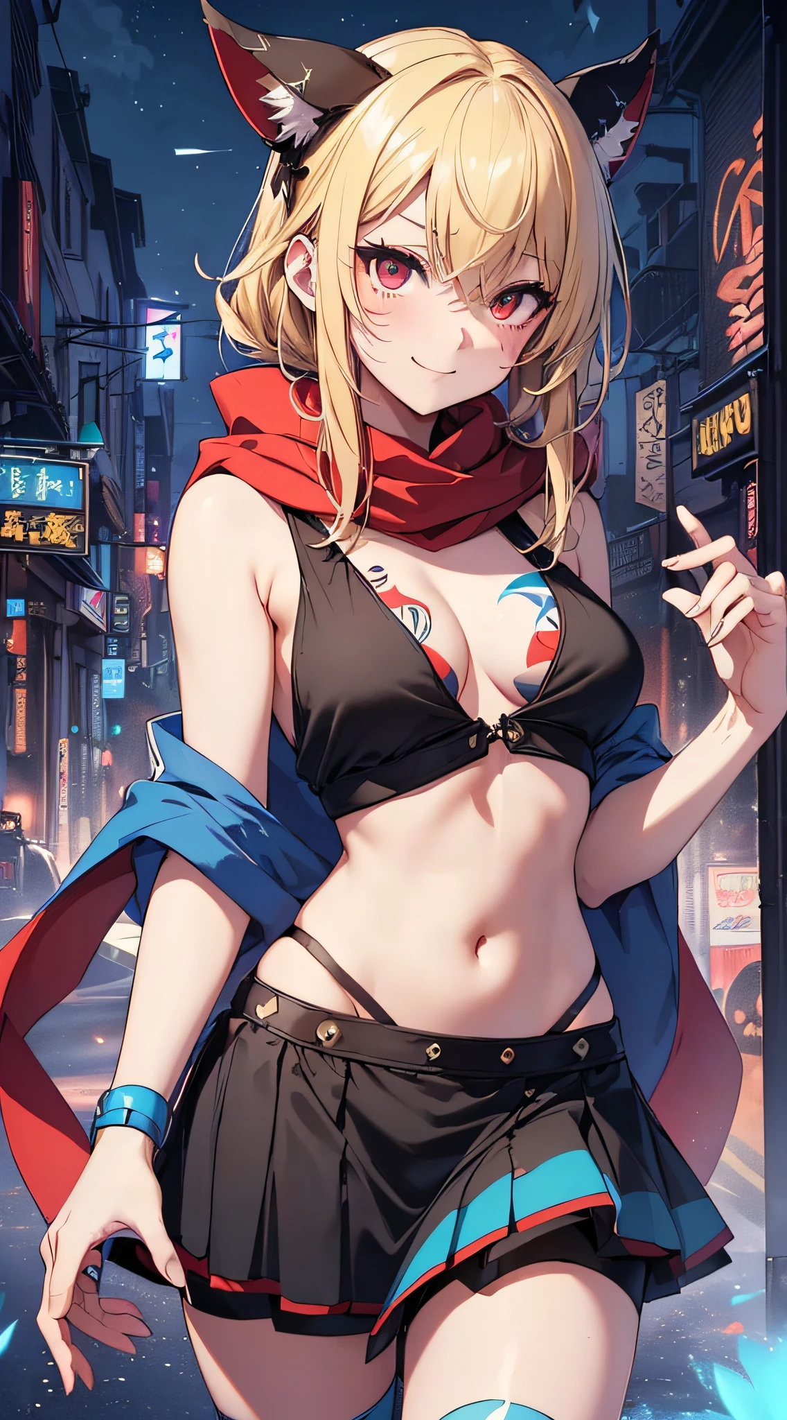 top-quality、Top image quality、​masterpiece、girl with((18year old、Blue navel tank top、Black short skirt、White hoodie、Best Bust、Bust 90、Blonde Away Tail、Red Eyes、open chest wide、Valley、Happiness、A slender、ssmile、Red Face Paint、Black scarf、well-muscled、Sideways from the viewer's point of view)）hiquality、Beautiful Art、Background with((nightcity))、masutepiece、Elaborate design、visualart、