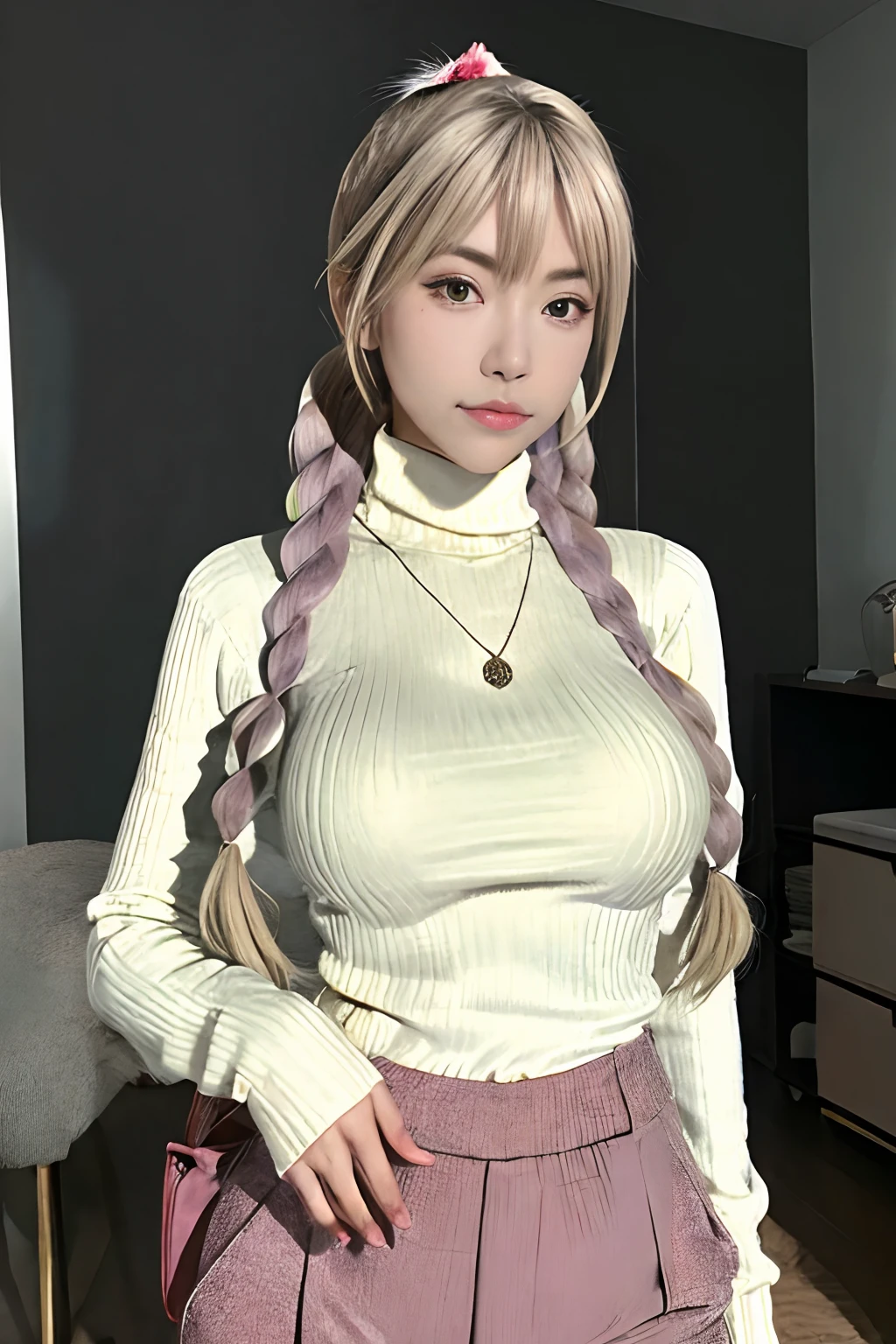 huge breast. excellent breast, masterpiece,ultra realistic,32k,extremely detailed CG unity 8k wallpaper, best quality, masterpiece,ultra realistic,32k,extremely detailed CG unity 8k wallpaper, best quality,(winter day ),lady ,necklace ,eardrop, Grand Canyon, United States, ( Orchid Pair a fitted turtleneck sweater with wide-leg pants and loafers. ) , Ash blonde hair pigtails ,