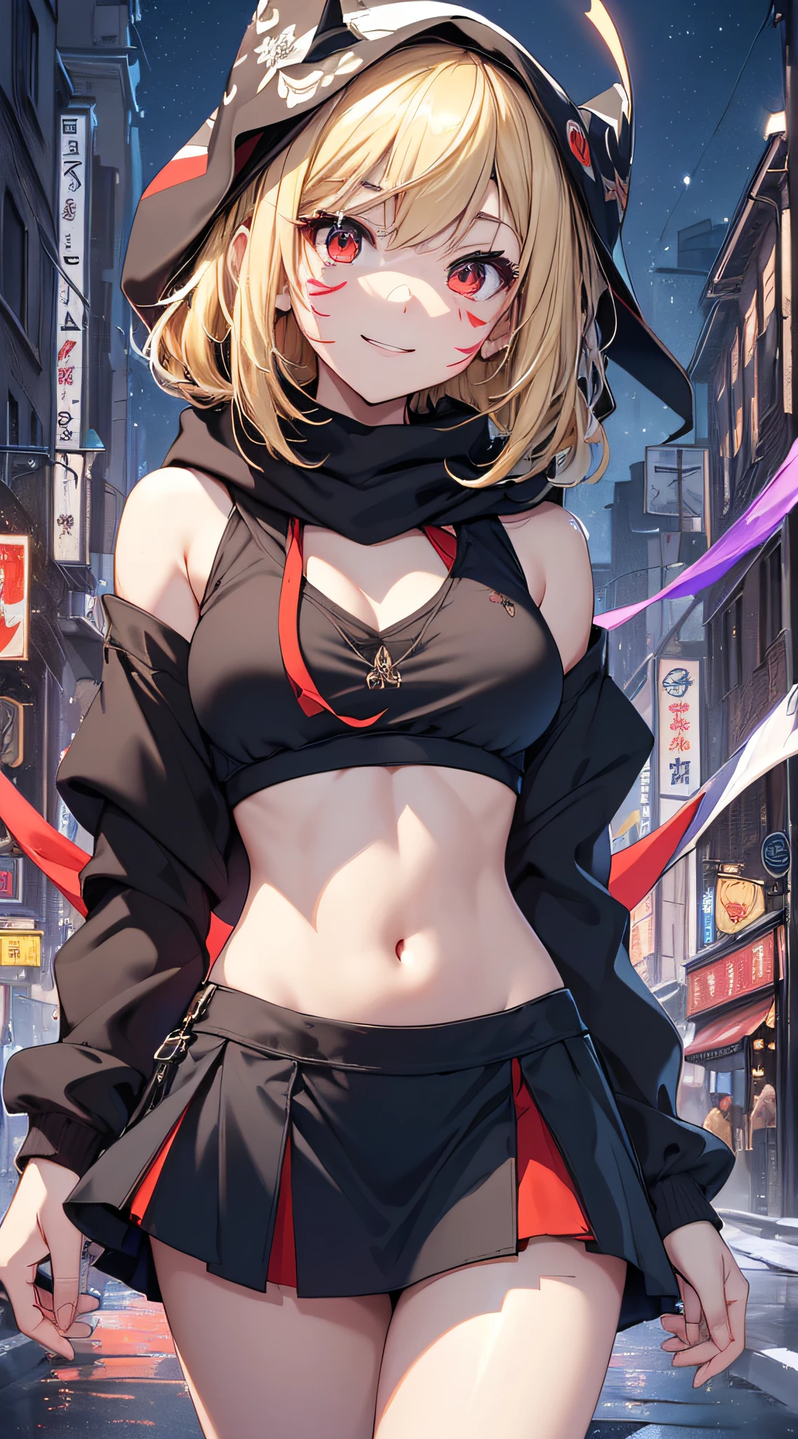 top-quality、Top image quality、masterpiece、girl with((18year old、Blue navel tank top、Black short skirt、White hoodie、Best Bust、naked Bust 90、Blonde Away Tail、Red Eyes、open chest wide、Valley、Happiness、A slender、ssmile、Red Face Paint、Black scarf、Reflecting the whole body、claw pose、))hiquality、Beautiful Art、Background with((nightcity))、masutepiece、Elaborate design、visualart、