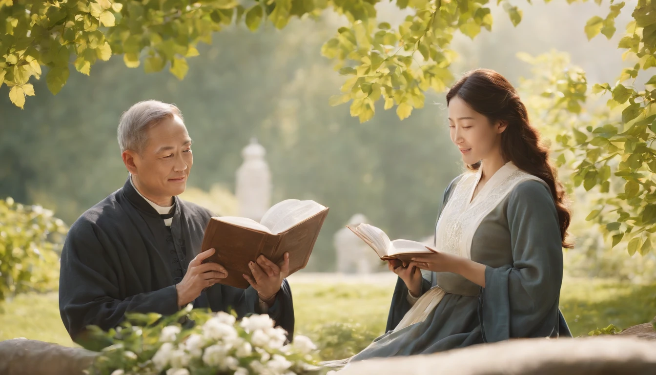 (Best Quality,Ultra-detailed,realisitic:1.37),portrait of a,Korean men and women reading the Bible,Oil Painting,Cathedral attire, View of the cathedral in the distance,Peaceful garden scene,Soft sunlight,tranquil expression,wisdom,Bible Quotes,vibrant colours,delicate brushwork,subtle textures,lush greenery,Contemplative atmosphere,Beautiful picture book,Highlighted features:Eyes in focus,gentle smiling,Graceful posture,Sunlight shining through the trees,rays,Quiet surroundings,serene ambiance,A Blessed Moment