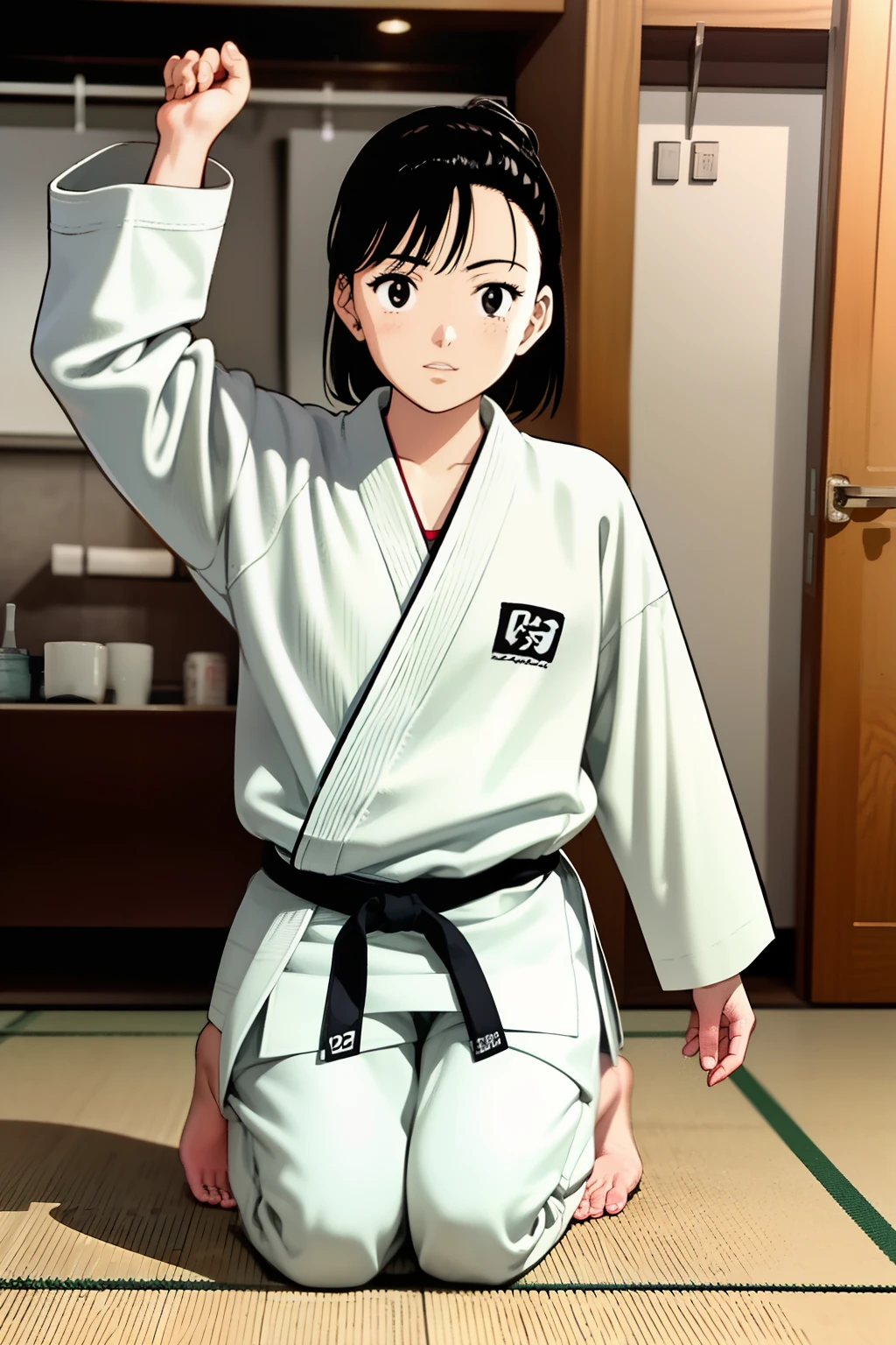 1girl, solo, solo focus, YAWARA \(YAWARA!\), ((Urasawa_Naoki style)), short hair, black haie, black eyes, Judo uniform, Judo-pants, black belt, bare feet, 1 side-up short-tail, white inner shirt, Judo master, judo stance,