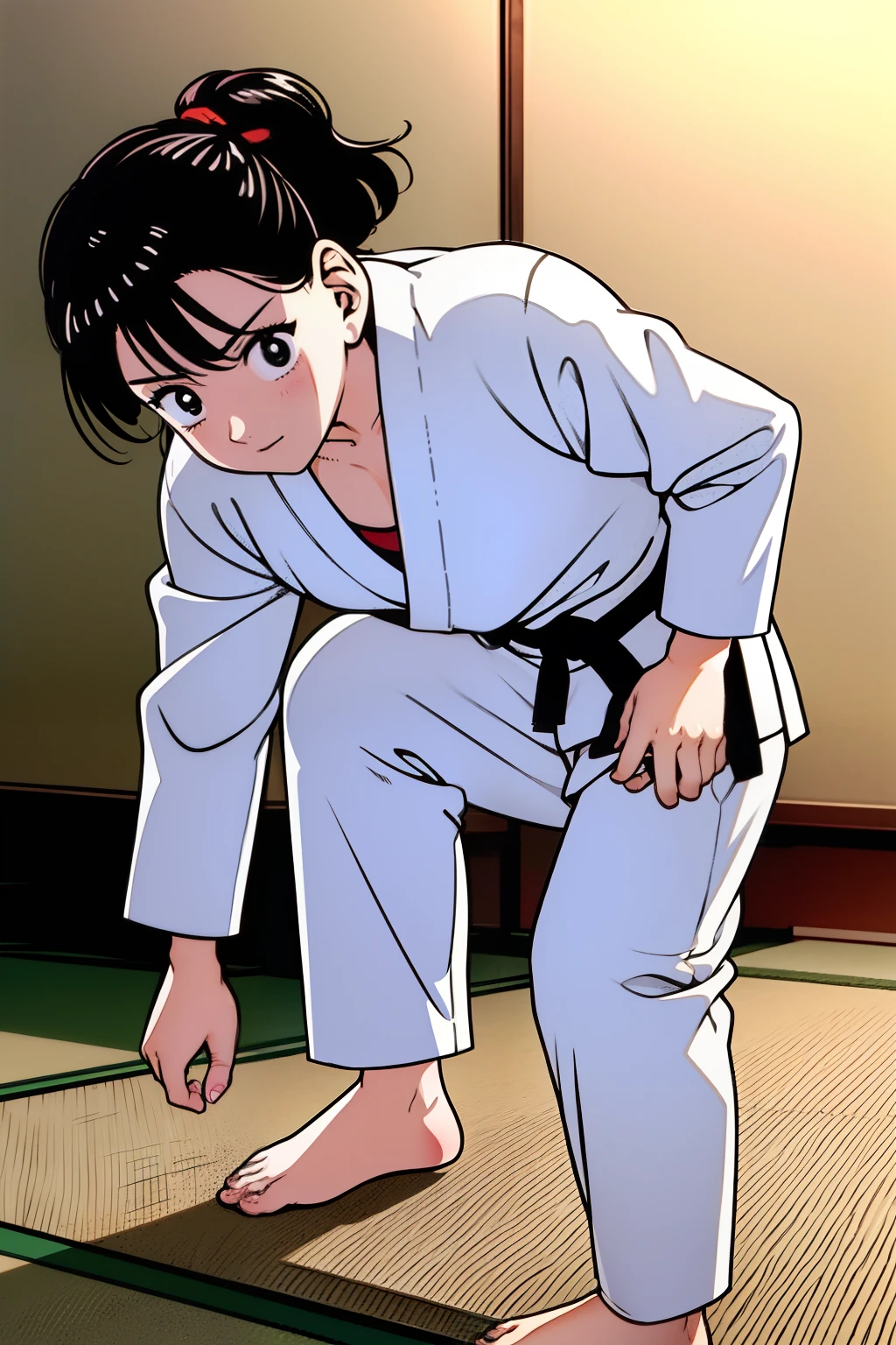 1girl, solo, solo focus, YAWARA \(YAWARA!\), ((Urasawa_Naoki style)), short hair, black haie, black eyes, Judo uniform, Judo-pants, black belt, bare feet, 1 side-up short-tail, white inner shirt, Judo master, judo stance,