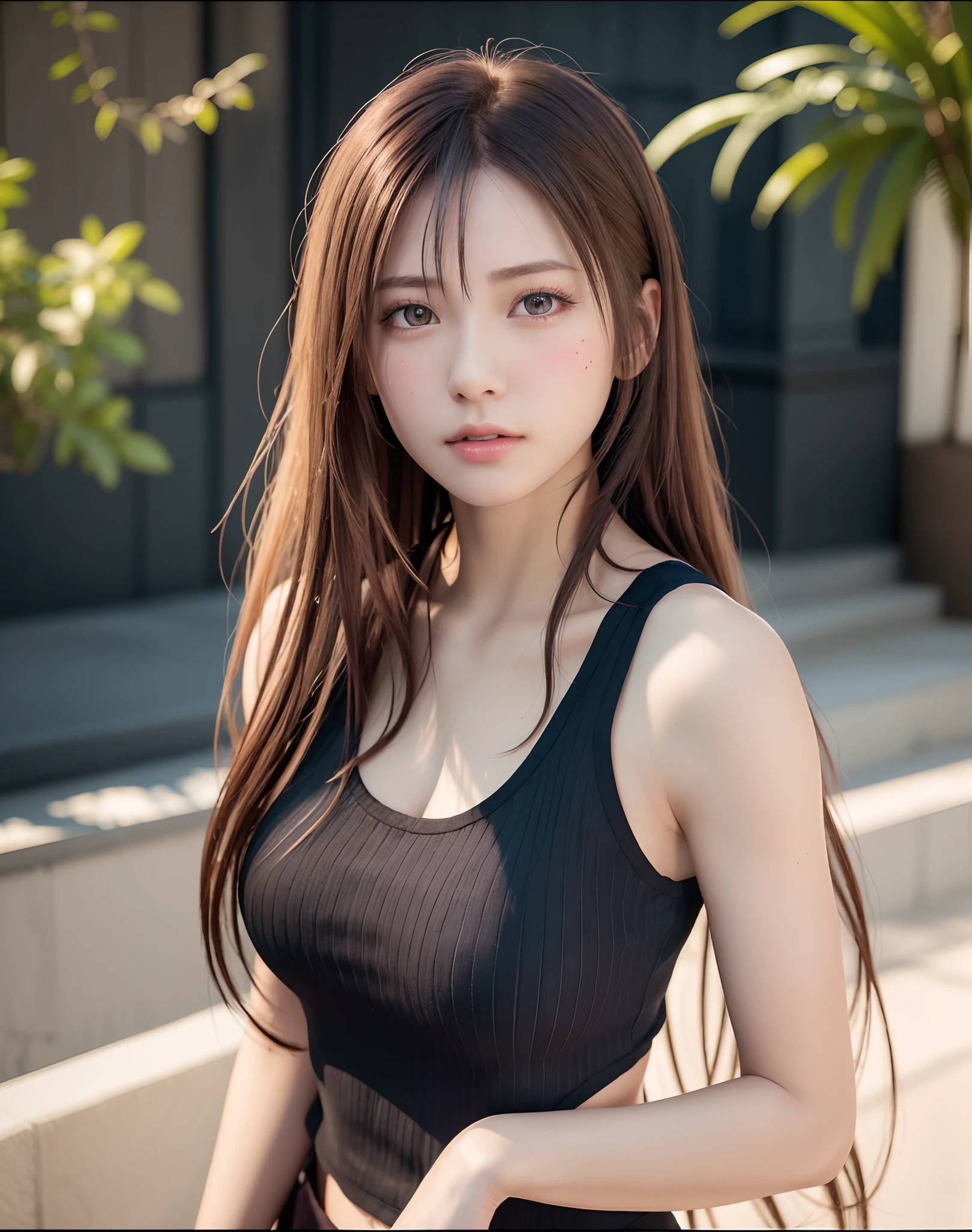 high quality picture, masutepiece, detailed hair texture, Detailed skin texture, Detailed Cloth Texture, 8K, Add fabric details, ultra detailed skin texture, ultra detailed photographic, Skin pores, Portrait of a girl, wearing tank top,