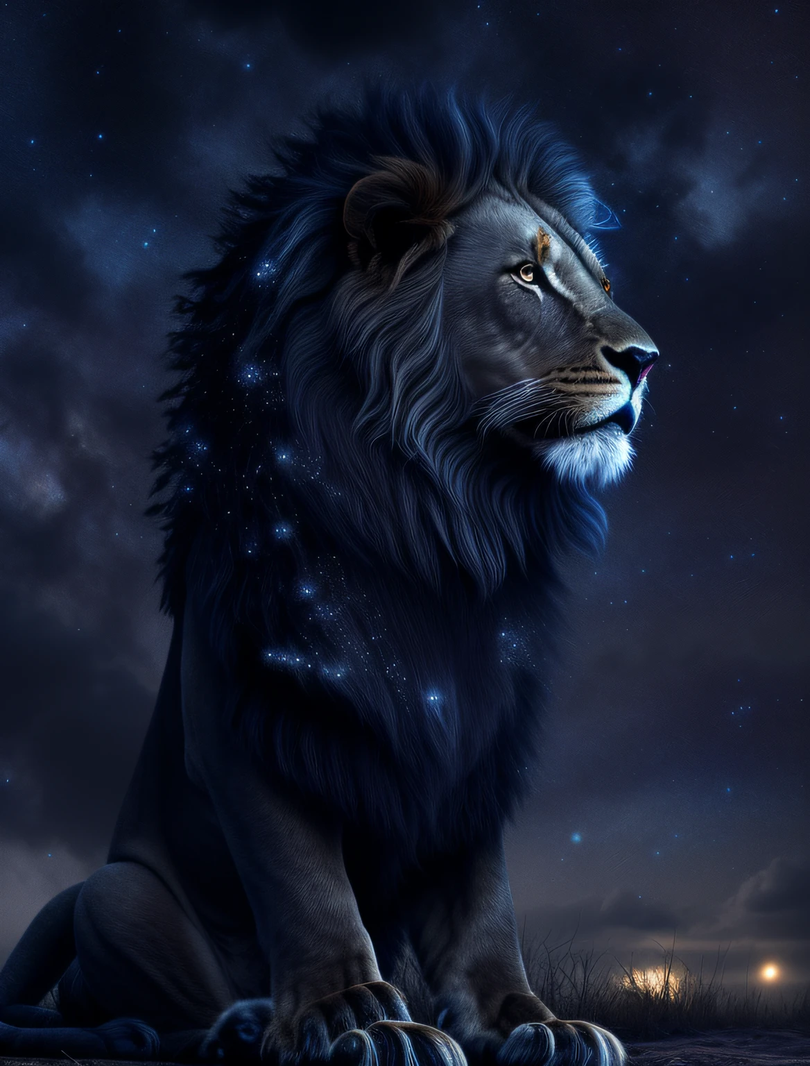 arafed image of a lion sitting on the ground with a starr sky in the background, roaring blue lion. majestic, black lion with peacock wings, majestic!!! beautiful!!!, by Julia Pishtar, wallpaper hd, with the mane of a lion, half lion, gorgeous goddess of leo, aslan the lion, amazing wallpaper https://www.seaart.ai/studio#:~:text=Txt2Img-,(highres%3A1.2)%2C(realistic%3A1.37)%2Cstrong%2Cbodybuilding%2Cbodybuilder%2Cafrican%20warrior%2Cwarrior%2Cbody,and%20spear%2C%20African%20wilderness%20background%2Cafrican%20savanna%2CAfrican%20sunset%2Cpride%20lands.,-Style