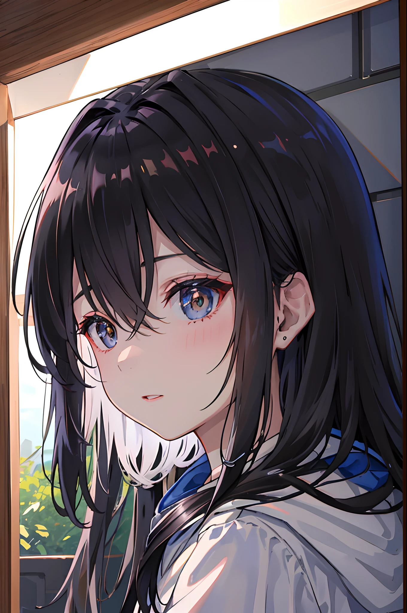 (masuter piece、side lights、ultra-detailliert、inely detailed beautiful eyes: 1.2)、1girl in、bags、buliding、From Side、hoods、Hood down、hooded jacket、parka、jaket、long、Black hair、profile、A dark-haired、独奏、Train、inside of a car、The upper part of the body、masterpiece、top-quality、the morning sun、optic、