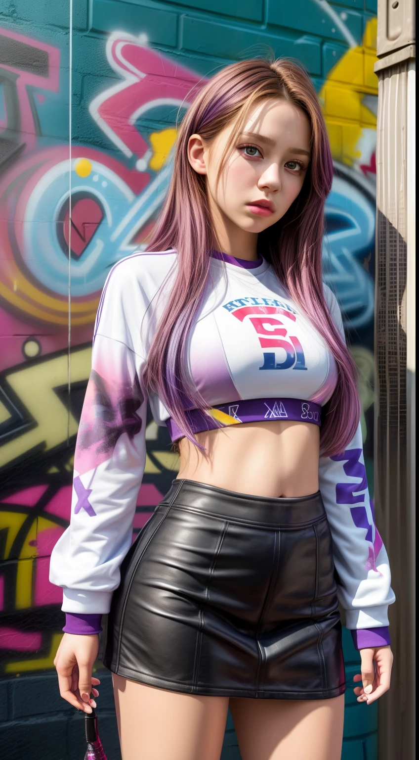 (best quality), masterpiece, extremely detailed CG uniform 8K illustration, high color, extremely high color saturation, all color deepening, paint, graffiti art, central composition, extremely detailed light and shadow, graffiti wall, 1 girl graffiti 1 girl looking at the wall, extremely detailed face and eyes, purple long hair, purple hair, purple, sportswear, colored clouds, crop top, leather skirt, bad girl, midshot, centered image, in a highway cybertown