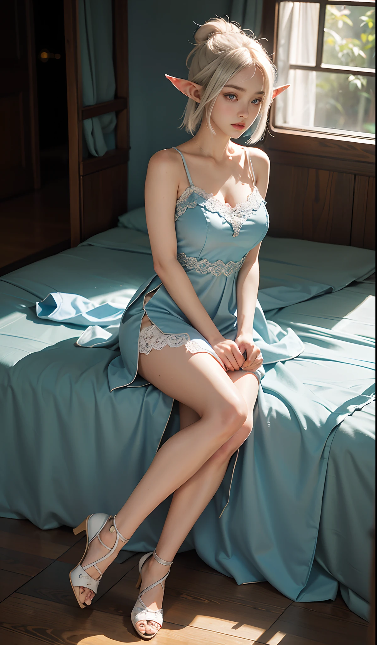 ((best qualtiy)),((SuperiorQuality, 8K, tmasterpiece: 1.5)), Pubic area is clear: 1.2, Perfect body beauty: 1.4, Large of breast, Silvery hair, Cyan lace transparent dress,wetted skin, the areola is visible, ssmile,Sleeping on the Bed,legs are open,Open your legs,legs separated,knee bend,Film texture,