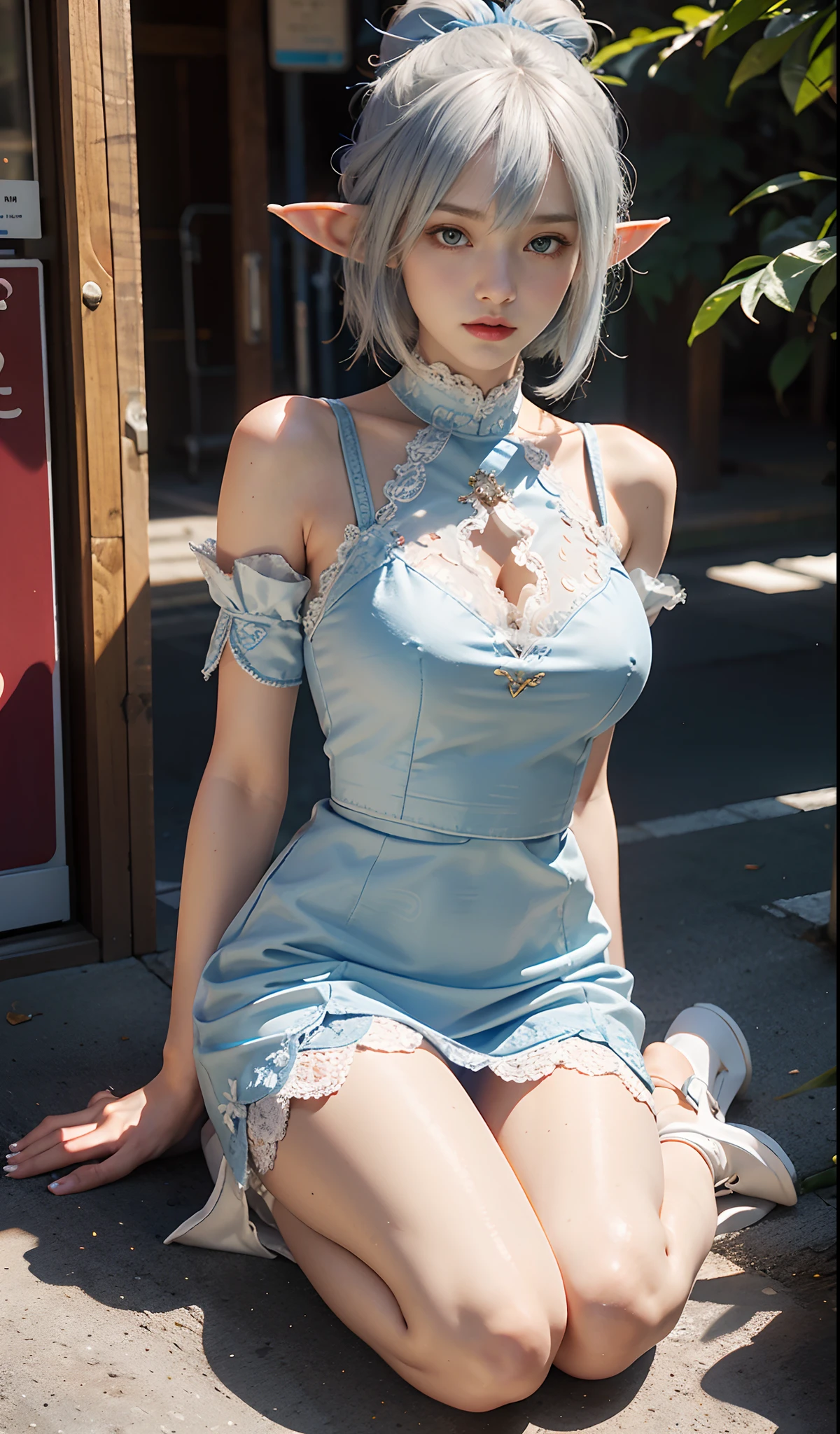 (Extremely normal body:2.0)Japan Highway:1 Elf beauty,White crop top top,(Elf long ears),extra very short hair,A bun,Blue-lace-trimmed maxi dress),Long blue dress,The skirt that reaches the feet,White short stockings,Mary Jane shoes,two longer legs,Normal feet , very detailed eyes and faces, Sharp pupils, realistic pupil, tack sharp focus, cinmatic lighting,full bodyesbian,Bigboobs,long leges,From the front side,dynamicposes,Normal posture,closeup of face