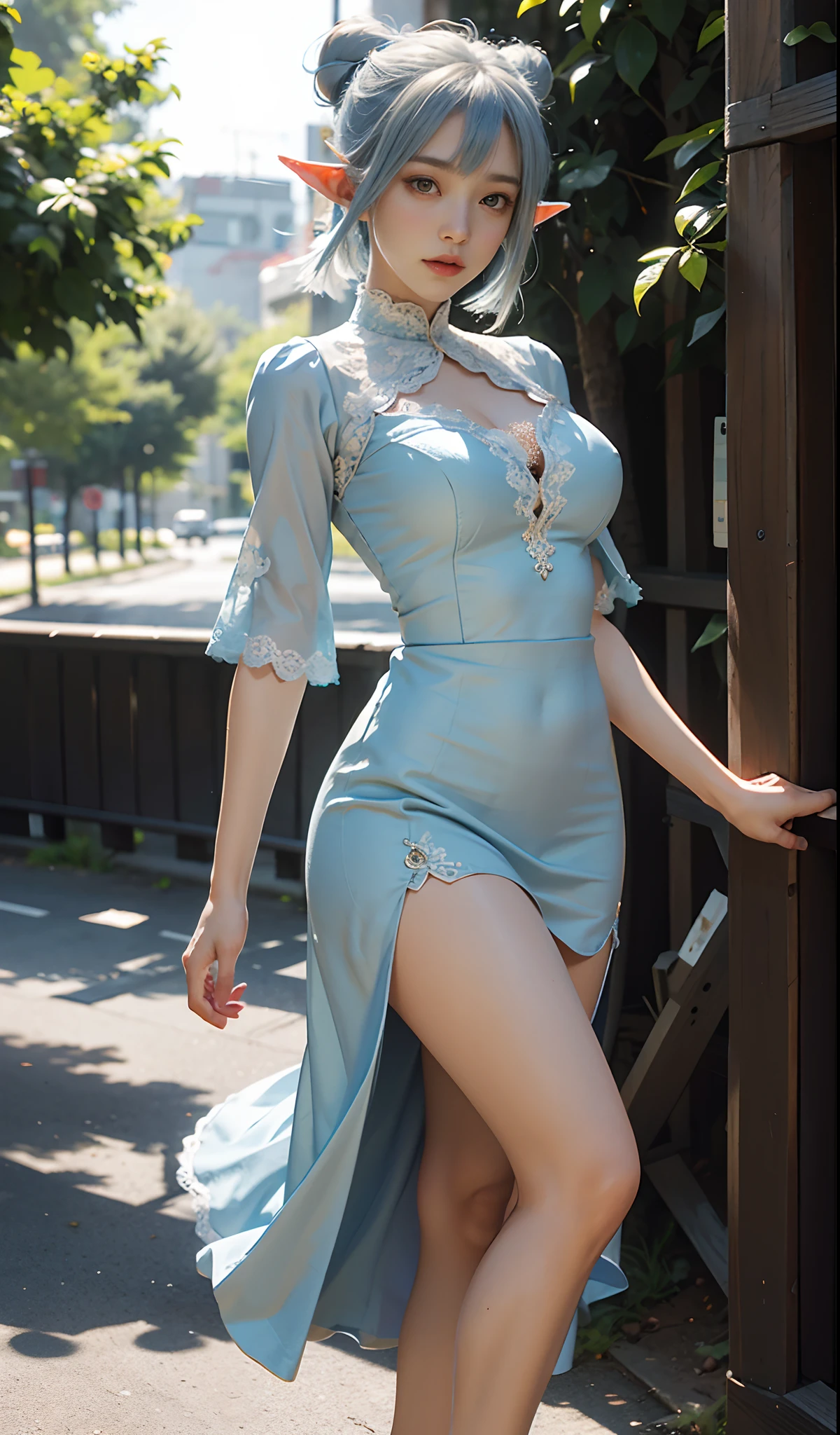 1girl, (Blue Eyes), smiling, (Sana Minatozaki), wide hips, Big Boobs, big ass, (Best Quality, 8k, Masterpiece: 1.3), Clear Focus: 1.2, Perfect Body Beauty: 1.4, Slender Abs: 1.2, Highly detailed face and skin texture, detailed eyes, double eyelids, (blonde long wet hair), (white cute dress flower prints :1.2), (high heels), (long stockings), cute standing, in a japanese temple , sakura in the background