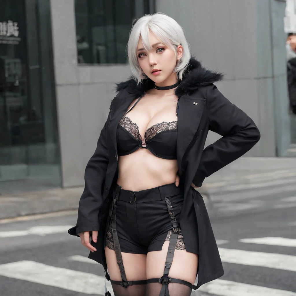 Japan Female, ars、((((Little fat woman))))、short-haired、white  hair、hitornfreckles、Kamimei、((((Small breasts are visible))))、A sexy、appearance、((drooing eyes))、(((( Germany uniforms))))、(((Bondage fashion under a long black coat)))、Best Quality, full-face blush, , frontage、Behind,. pile-driver. (thighs thighs thighs thighs),(((sticking her butt out: 1.2))), Troubled face, Viewer Viewing, Wet buttocks,, (((heavy-metal))), big butts、(((Intersection in Shibuya)))、((((Stand up and turn your ass to taunt)))、(((Show)))、Show your、girdle、Black lace underwear、bontage、nffsw