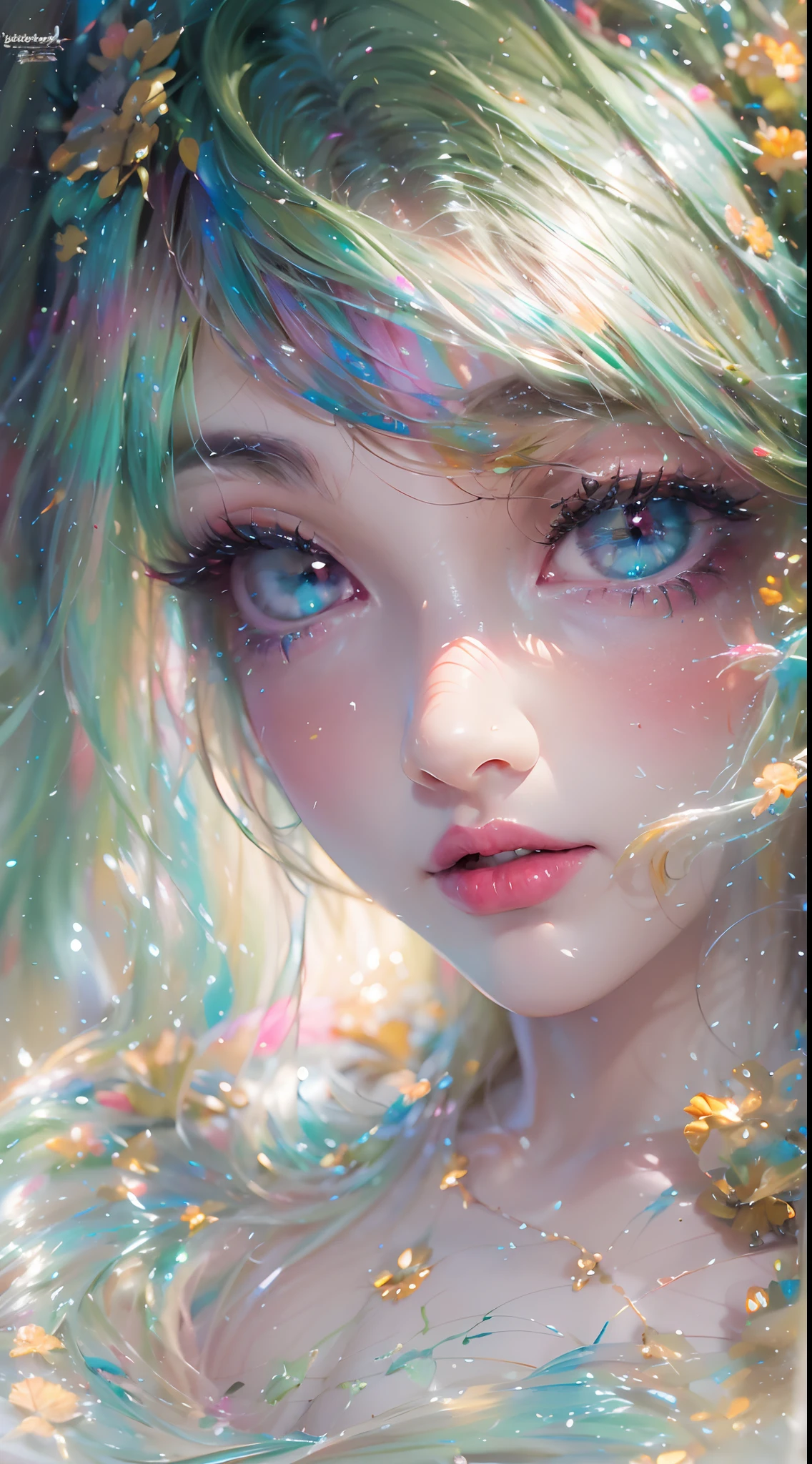 ( Absurd, High quality, Ultra-detailed, Masterpiece, concept-art, smooth, high detail artwork, Hyper-realistic painting , high resolution, paint splatter, colored splashing, Splash of Ink, colored splashing), (( Rainbow hair)),elf, Plum elf, plum , Transparent fairy wings, Wear only lace lingerie,huge tit,low chest,fairytale-like, Romantic, Vivid, Whole body,hand behind back,Malu,largeeyes,(Eye focus),Cosmic eyes,Space eyes,Waterfalls in nature,pureerosface_v1,ulzzang-6500-v1.1,