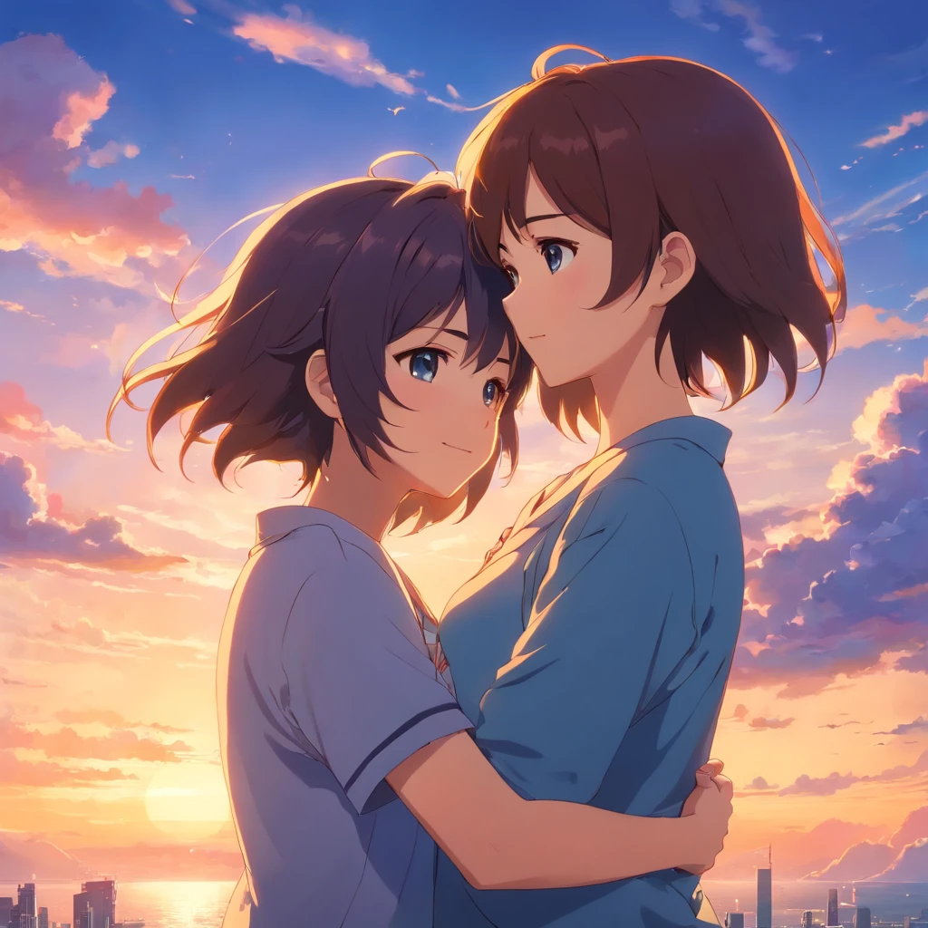 tmasterpiece，best qualtiy，cinematic Film still from，1girl，Cloud boy and girl hug，Floating in the sky，closeup cleavage，brightly，cheerfulness，Warm and soft lighting，the sunset