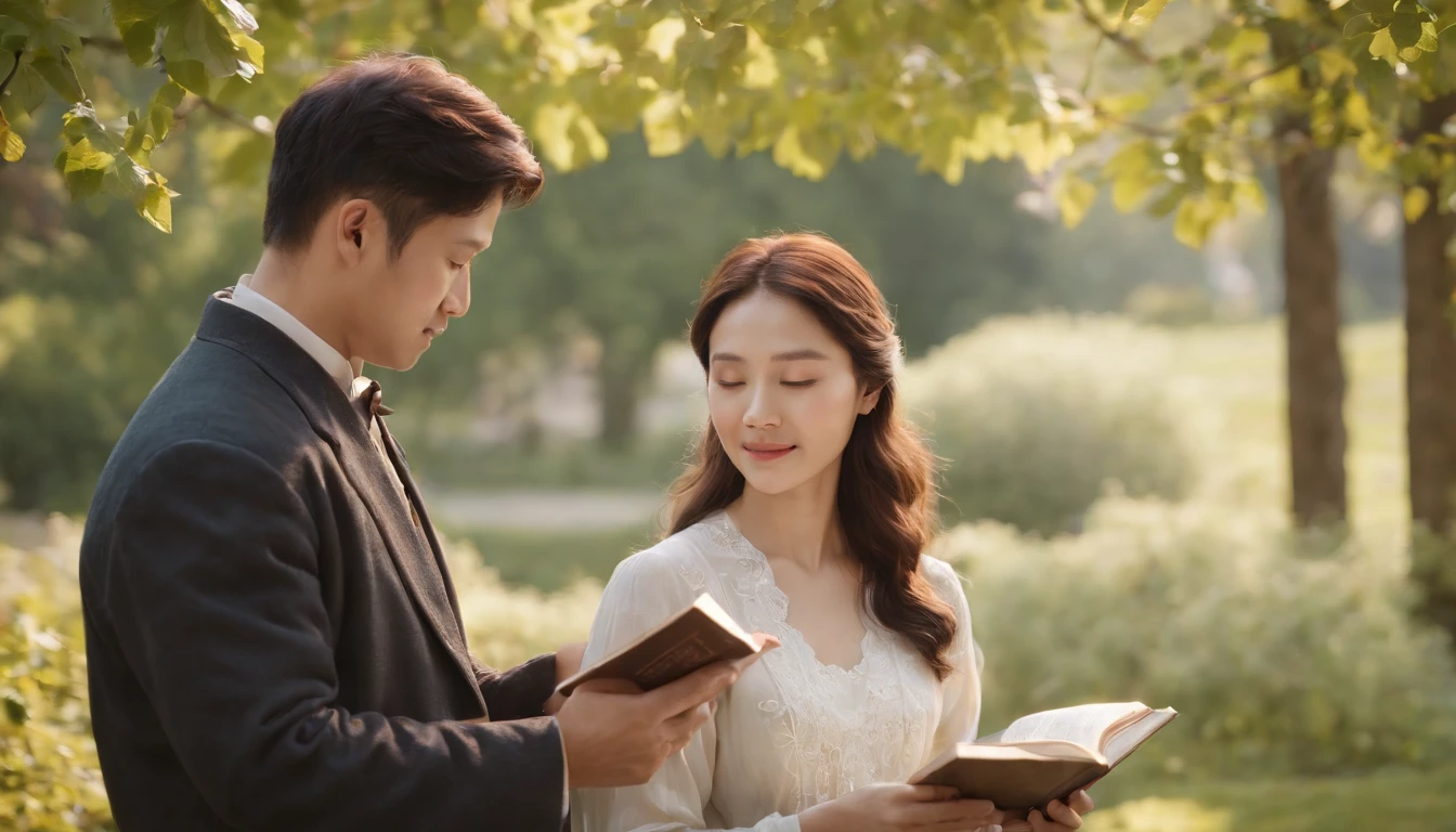(Best Quality,Ultra-detailed,realisitic:1.37),portrait of a,Korean men and women reading the Bible,Oil Painting,Cathedral attire, View of the cathedral in the distance,Peaceful garden scene,Soft sunlight,tranquil expression,wisdom,Bible Quotes,vibrant colours,delicate brushwork,subtle textures,lush greenery,Contemplative atmosphere,Beautiful picture book,Highlighted features:Eyes in focus,gentle smiling,Graceful posture,Sunlight shining through the trees,rays,Quiet surroundings,serene ambiance,A Blessed Moment