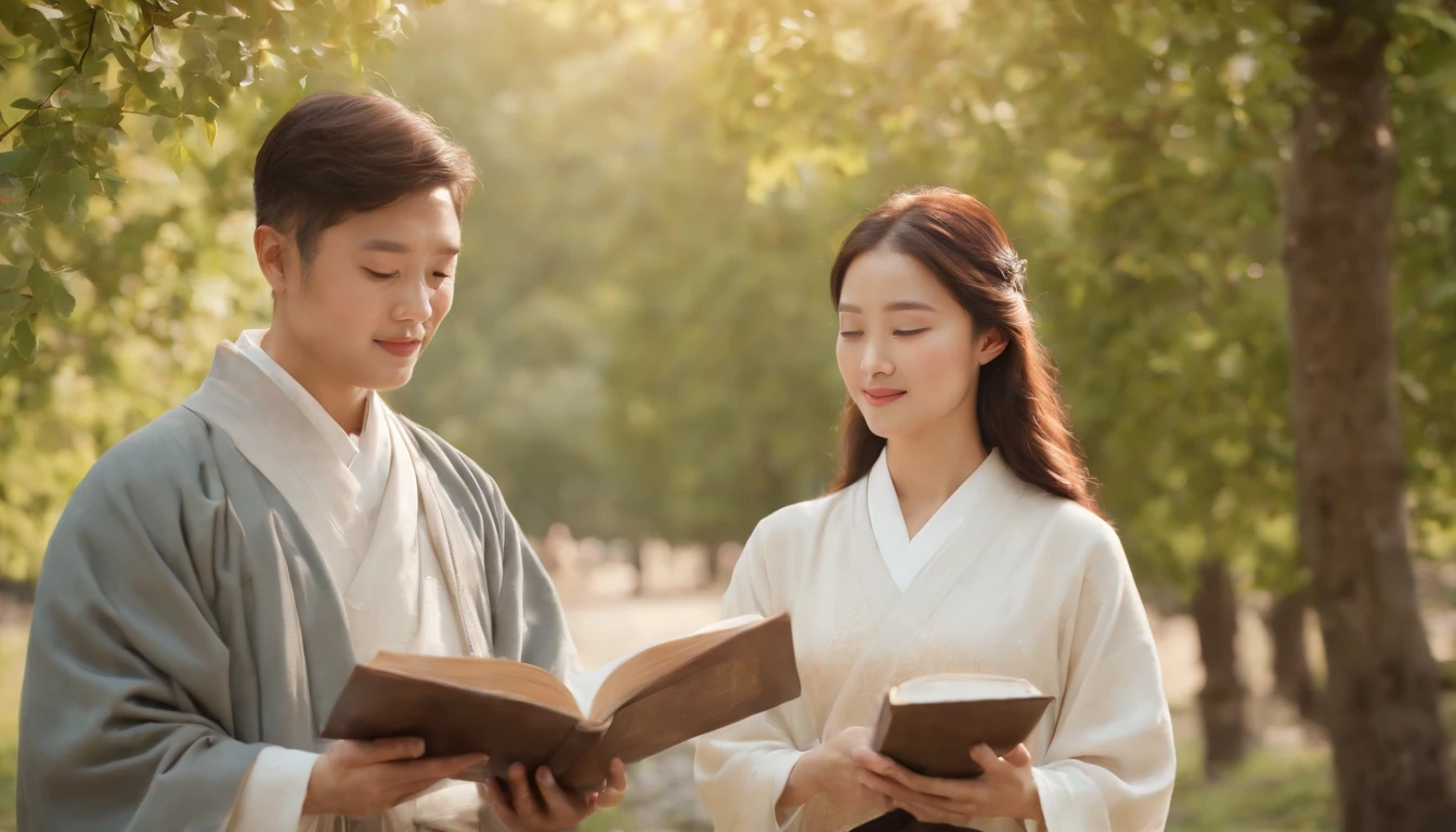 (Best Quality,Ultra-detailed,realisitic:1.37),portrait of a,Korean men and women reading the Bible,Oil Painting,Cathedral attire, View of the cathedral in the distance,Peaceful garden scene,Soft sunlight,tranquil expression,wisdom,Bible Quotes,vibrant colours,delicate brushwork,subtle textures,lush greenery,Contemplative atmosphere,Beautiful picture book,Highlighted features:Eyes in focus,gentle smiling,Graceful posture,Sunlight shining through the trees,rays,Quiet surroundings,serene ambiance,A Blessed Moment