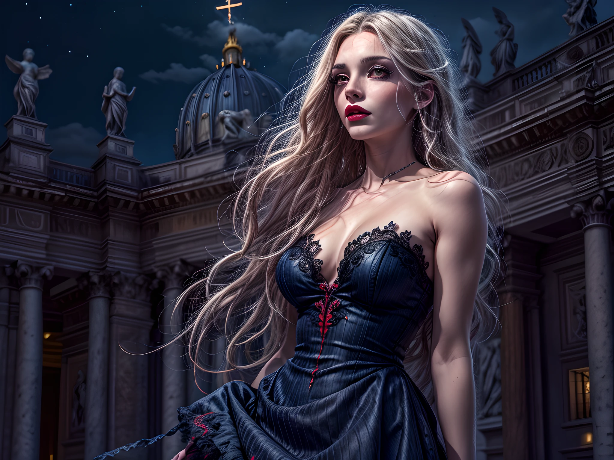 fantasy art, RPG art, photograph, RAW, (Ultra detailed: 1.5), Best Detailed, picture of a female vampire standing in St. Peter in the Vatican, an exquisute beautiful female vampire, full body, best detailed face, grey skin, red lips, (vampiric fangs1:1) (blood veins visible: 1.3), ultra feminie, blond hair, long hair, rich, flowing hair,wavy hair, red glowing eyes, wearing dark blue silk dress, intricate detaled dress, high heels, standing in (St. Peter square in Vatican city: 1.3), at night, full moon, stars in the sky, (extremely detailed), ultra wide shot, photorealism, depth of field, hyper realistic, 2.5 rendering,