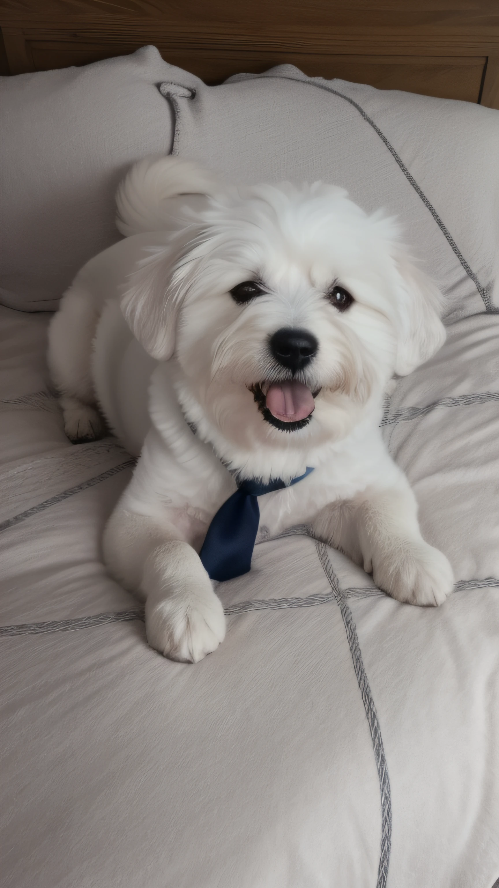 Half-drawn sketch, Dessin au crayon, white dog with tie on a bed, poofy, a handsome, very handsome, an afghan male type, extremely handsome, happily smiling at the camera, he is very happy, with a happy expression, handsome and elegant, Angles dynamiques, regard loitain