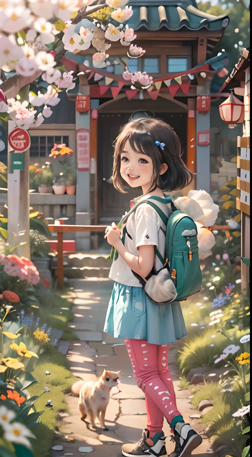 Cute happy little girl，Bursting with happiness，Modern and beautiful Chinese clothing，Backpack jeans，shairband，Ride a bike on the tree-lined paths，The side is full of green grass，flowers blooming，Buildings loom in the distance
