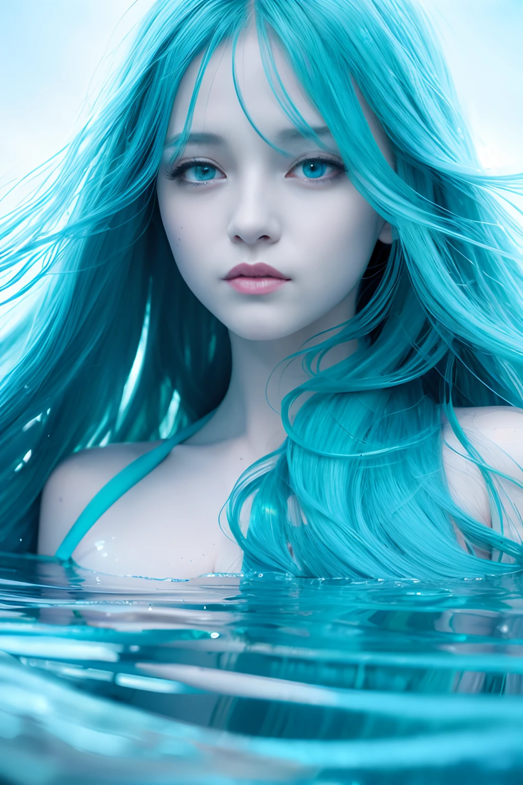 Long-haired girl floating in water, Aqua Eye, Stunning facial portrait, Guviz-style artwork, beautiful portraits, beauitful face, Guviz, Watery eyes, Detailed digital art, Digital art, Beautiful artwork, Loish et WLOP, blue watery eyes, Beautiful digital artwork