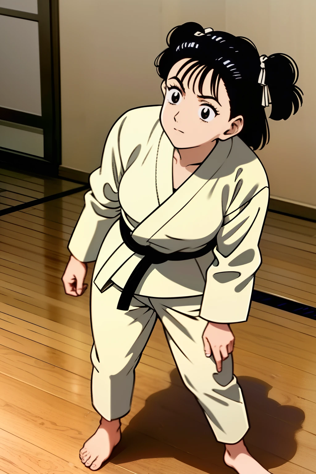 1girl, solo, solo focus, YAWARA \(YAWARA!\), ((Urasawa_Naoki style)), short hair, black haie, black eyes, Judo uniform, Judo-pants, black belt, bare feet, 1 side-up short-tail, white inner shirt, Judo master, judo stance,