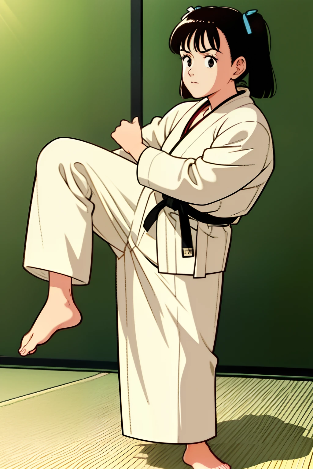 1girl, solo, solo focus, YAWARA \(YAWARA!\), ((Urasawa_Naoki style)), short hair, black haie, black eyes, Judo uniform, Judo-pants, black belt, bare feet, 1 side-up short-tail, white inner shirt, Judo master, judo stance,