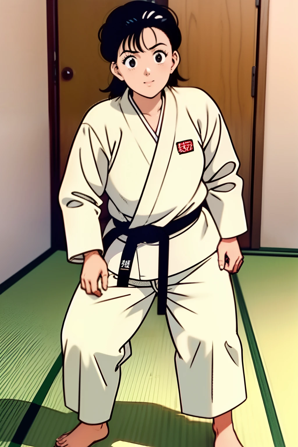 1girl, solo, solo focus, YAWARA \(YAWARA!\), ((Urasawa_Naoki style)), short hair, black haie, black eyes, Judo uniform, Judo-pants, black belt, bare feet, 1 side-up short-tail, white inner shirt, Judo master, judo stance,