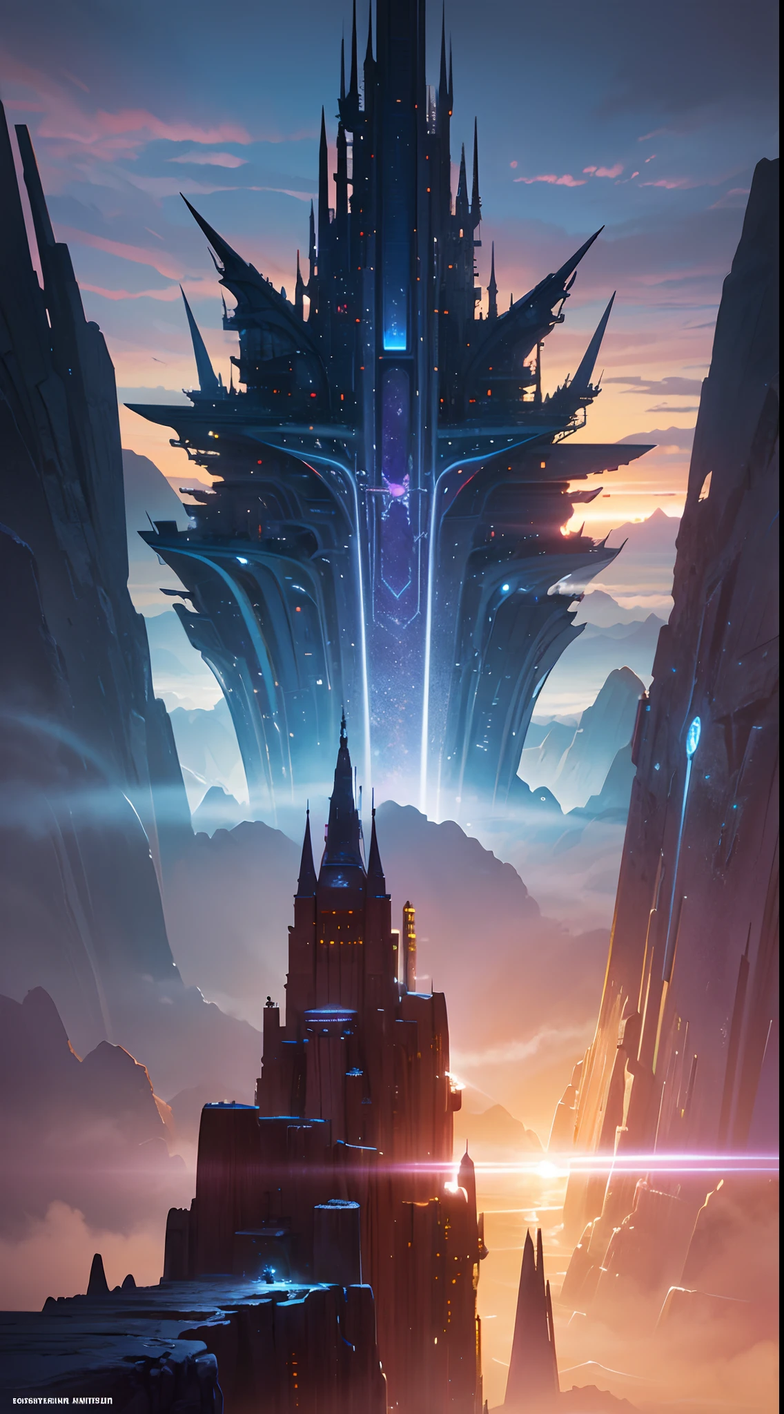 Vanishing point (from above), cinematic lighting, motion blur, flash, ray tracing, high quality, award-winning, best quality, high detail, 16k, 8k,Starry sky and distant fantasy cities and planets with towers, epic fantasy sci fi illustration, fantasy planet, arstation and beeple highly, Fantasy space, fantasy scifi, epic scifi fantasy art, epic dreamlike fantasy landscape, ethereal starlit city at sunset, impressive fantasy landscape, Sci-fi fantasy wallpaper, epic beautiful space scifi, Fantasy Sci-Fi - Fantasy
