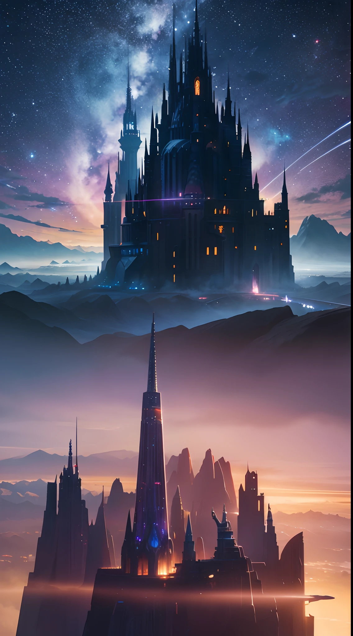 Vanishing point (from above), cinematic lighting, motion blur, flash, ray tracing, high quality, award-winning, best quality, high detail, 16k, 8k,Starry sky and distant fantasy cities and planets with towers, epic fantasy sci fi illustration, fantasy planet, arstation and beeple highly, Fantasy space, fantasy scifi, epic scifi fantasy art, epic dreamlike fantasy landscape, ethereal starlit city at sunset, impressive fantasy landscape, Sci-fi fantasy wallpaper, epic beautiful space scifi, Fantasy Sci-Fi - Fantasy
