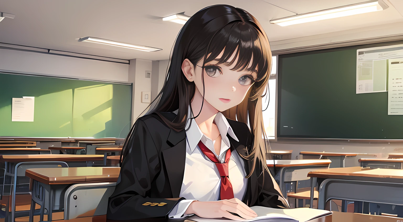 Beautiful high school girl，large black eyes，Small nose，in school uniform，Stand in the classroom