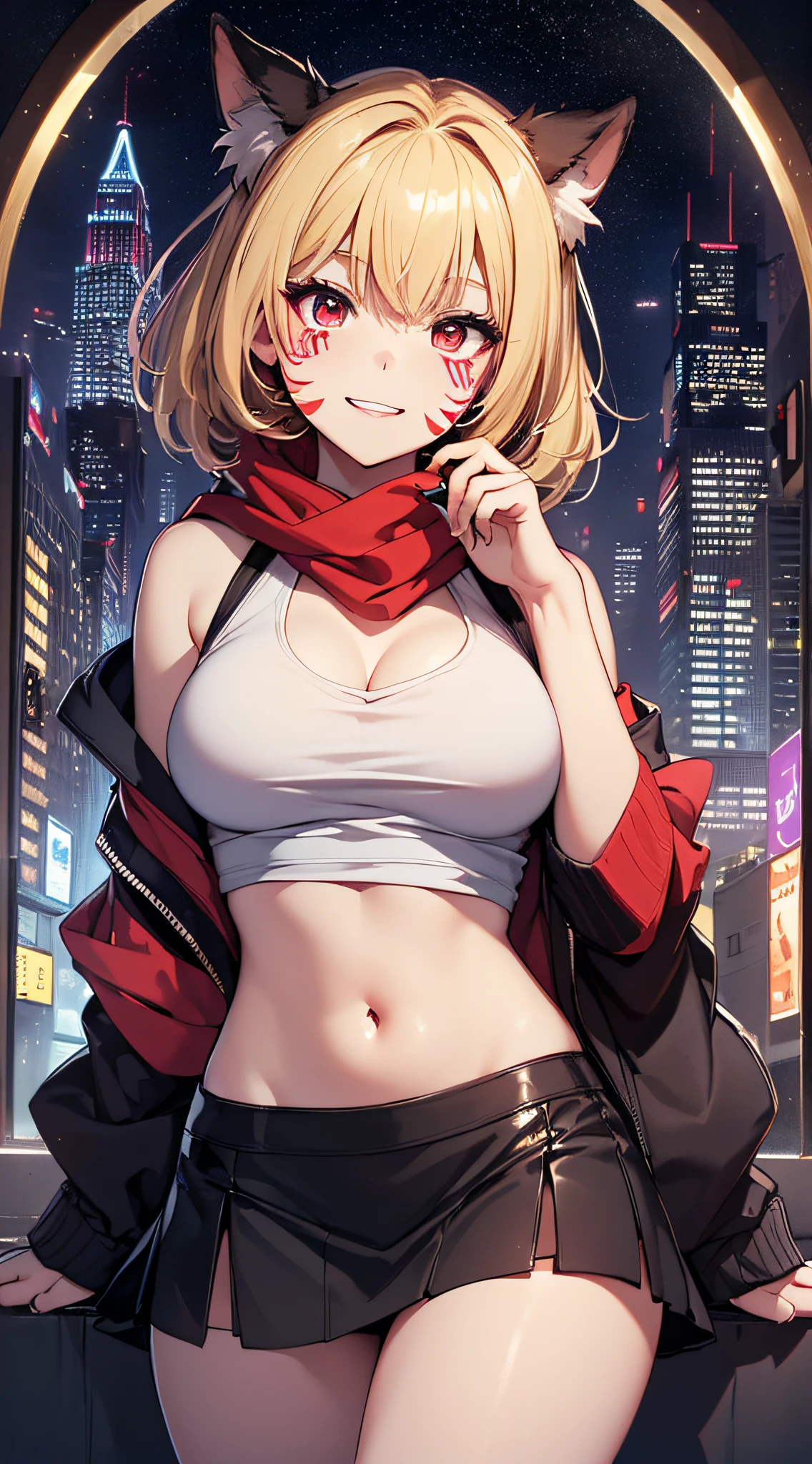 top-quality、Top image quality、​masterpiece、girl with((18year old、Blue navel tank top、Black short skirt、White hoodie、Best Bust、Bust 90、Blonde Away Tail、Red Eyes、open chest wide、Valley、Happiness、A slender、ssmile、Red Face Paint、Black scarf、Reflecting the whole body、claw pose、)）hiquality、Beautiful Art、Background with((nightcity))、masutepiece、Elaborate design、visualart、