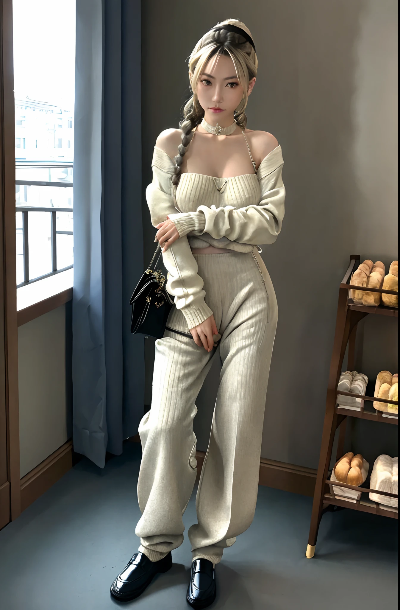 gigantic cleavage breasts。Excellent breasts,tmasterpiece,Hyper-realistic,32k,the Extremely Detailed CG Unity 8K Wallpapers,best qualtiy,tmasterpiece,Hyper-realistic,32k,Very detailed CG unity 8k wallpaper,best qualtiy,(winter day),maam,choker necklace,eardrop,Grand canyon, Chinese big breasts, ( Orchid Pair's fitted turtleneck sweater paired with wide-leg pants and loafers。), Gray blonde hair in braids,