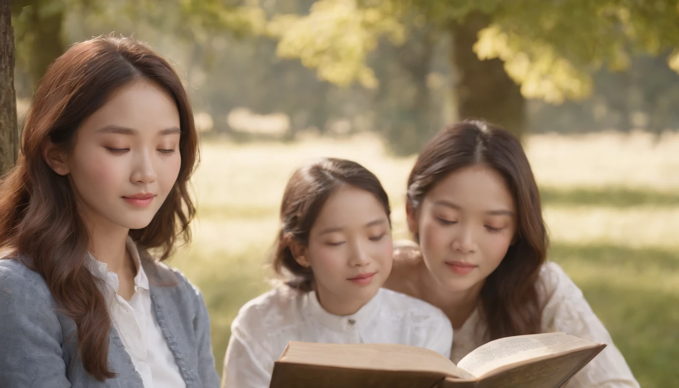 (Best Quality,Ultra-detailed,realisitic:1.37),portrait of a,Korean men and women reading the Bible,Oil Painting,Cathedral attire, View of the cathedral in the distance,Peaceful garden scene,Soft sunlight,tranquil expression,wisdom,Bible Quotes,vibrant colours,delicate brushwork,subtle textures,lush greenery,Contemplative atmosphere,Beautiful picture book,Highlighted features:Eyes in focus,gentle smiling,Graceful posture,Sunlight shining through the trees,rays,Quiet surroundings,serene ambiance,A Blessed Moment