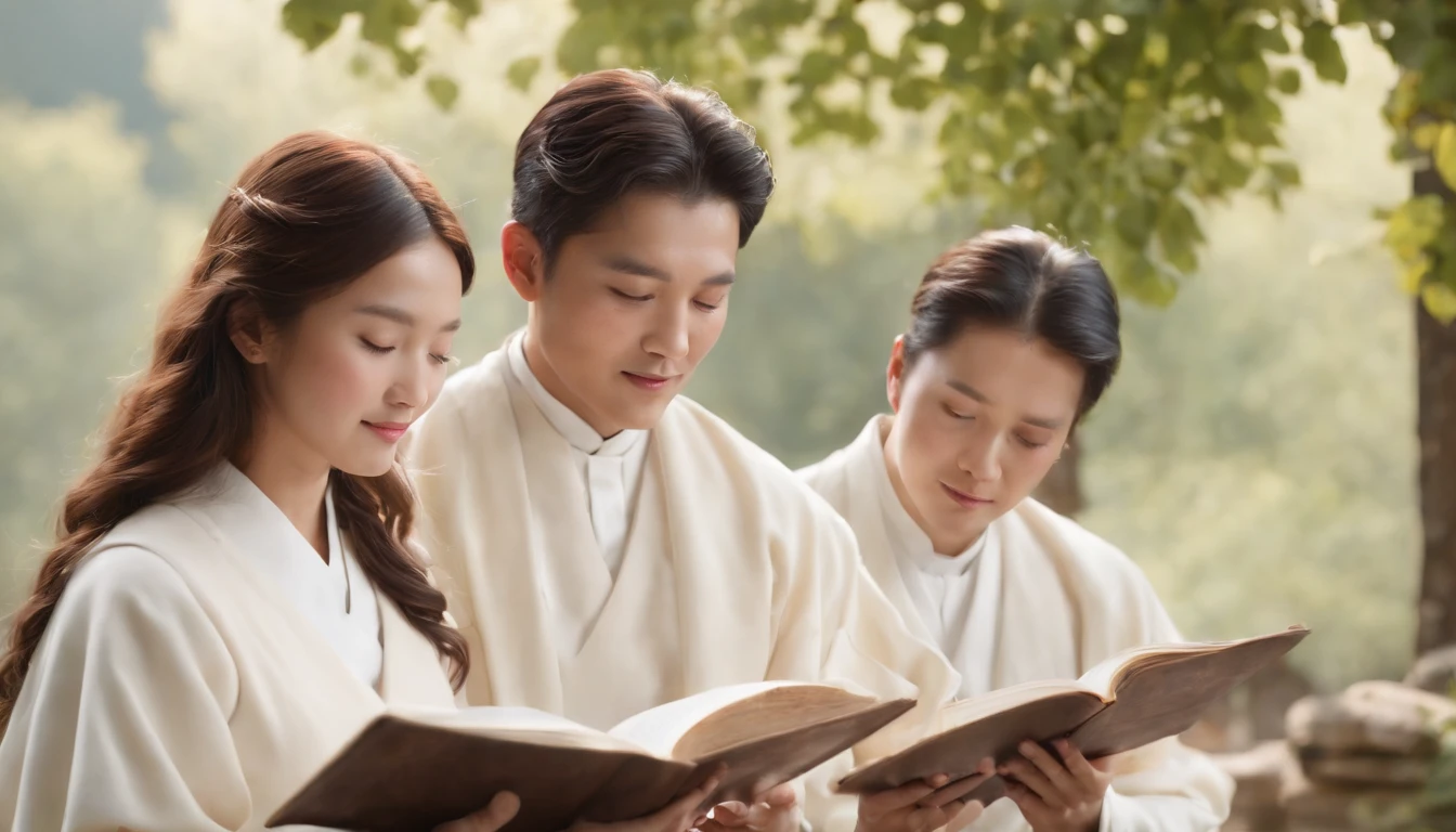 (Best Quality,Ultra-detailed,realisitic:1.37),portrait of a,Korean men and women reading the Bible,Oil Painting,Cathedral attire, View of the cathedral in the distance,Peaceful garden scene,Soft sunlight,tranquil expression,wisdom,Bible Quotes,vibrant colours,delicate brushwork,subtle textures,lush greenery,Contemplative atmosphere,Beautiful picture book,Highlighted features:Eyes in focus,gentle smiling,Graceful posture,Sunlight shining through the trees,rays,Quiet surroundings,serene ambiance,A Blessed Moment
