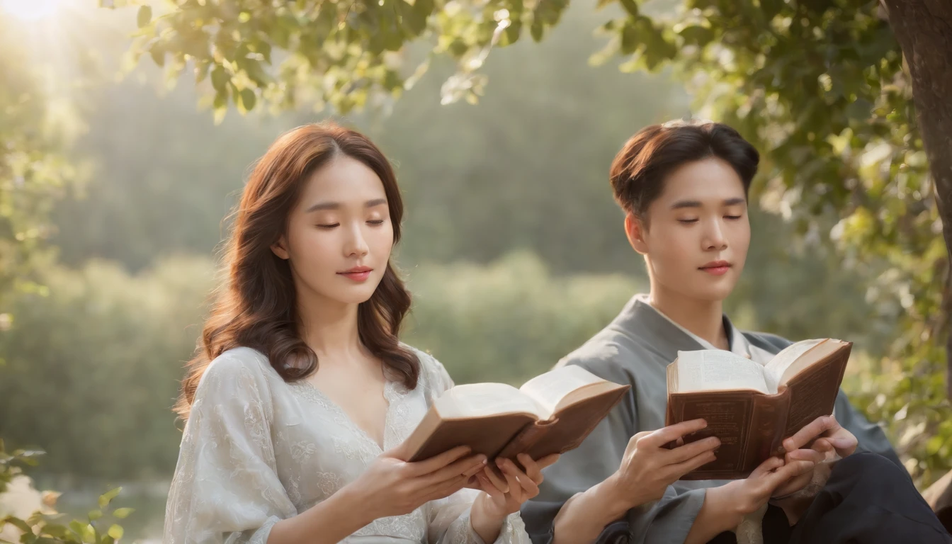 (Best Quality,Ultra-detailed,realisitic:1.37),portrait of a,Korean men and women reading the Bible,Oil Painting,Cathedral attire, View of the cathedral in the distance,Peaceful garden scene,Soft sunlight,tranquil expression,wisdom,Bible Quotes,vibrant colours,delicate brushwork,subtle textures,lush greenery,Contemplative atmosphere,Beautiful picture book,Highlighted features:Eyes in focus,gentle smiling,Graceful posture,Sunlight shining through the trees,rays,Quiet surroundings,serene ambiance,A Blessed Moment