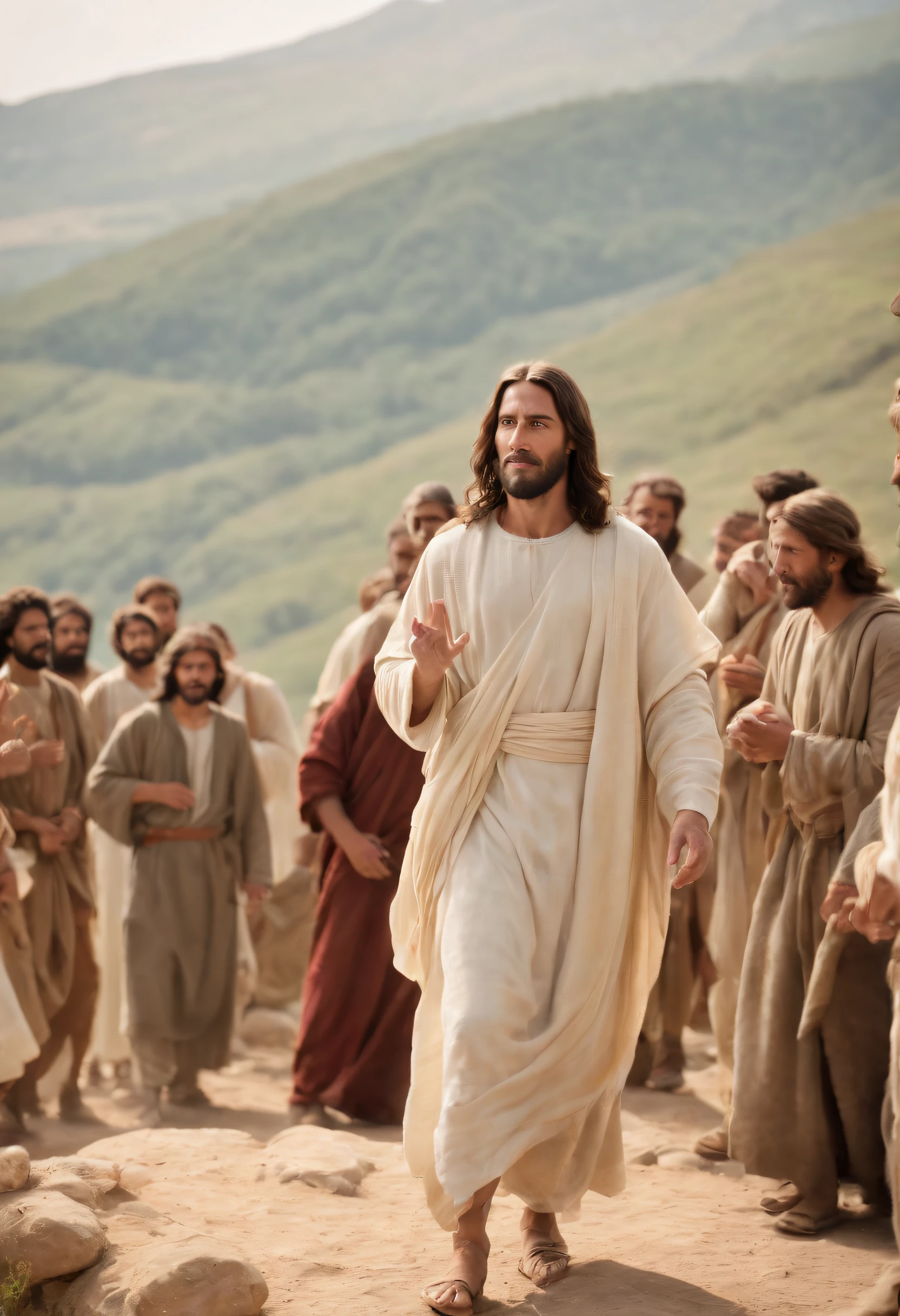Jesus and his disciples typical clothes of the biblical era on a mountain and a crowd around him