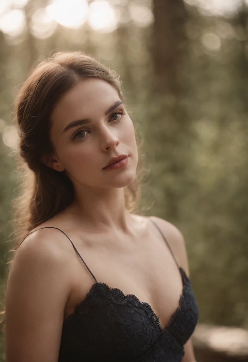Photograph of a beautiful girl in her 20s in a black bra, Sentado em um tronco em uma floresta enevoada, Cabelos amarelos abundantes, Franja arbustiva, Olhos brilhantes e bonitos, symmetric beautiful face, Cara fofa e inocente, sem maquiagem, Unadorned, filmic grain, Fotos de sonho, foto conceitual, Fotografia emocional, cinematic movie photograph, fotografia realista, realisitic, foco nítido, 14k, altamente detalhado, Sociedade CG, ultra-definition, Very fine grain, Fotos empoeiradas, Grain Filter