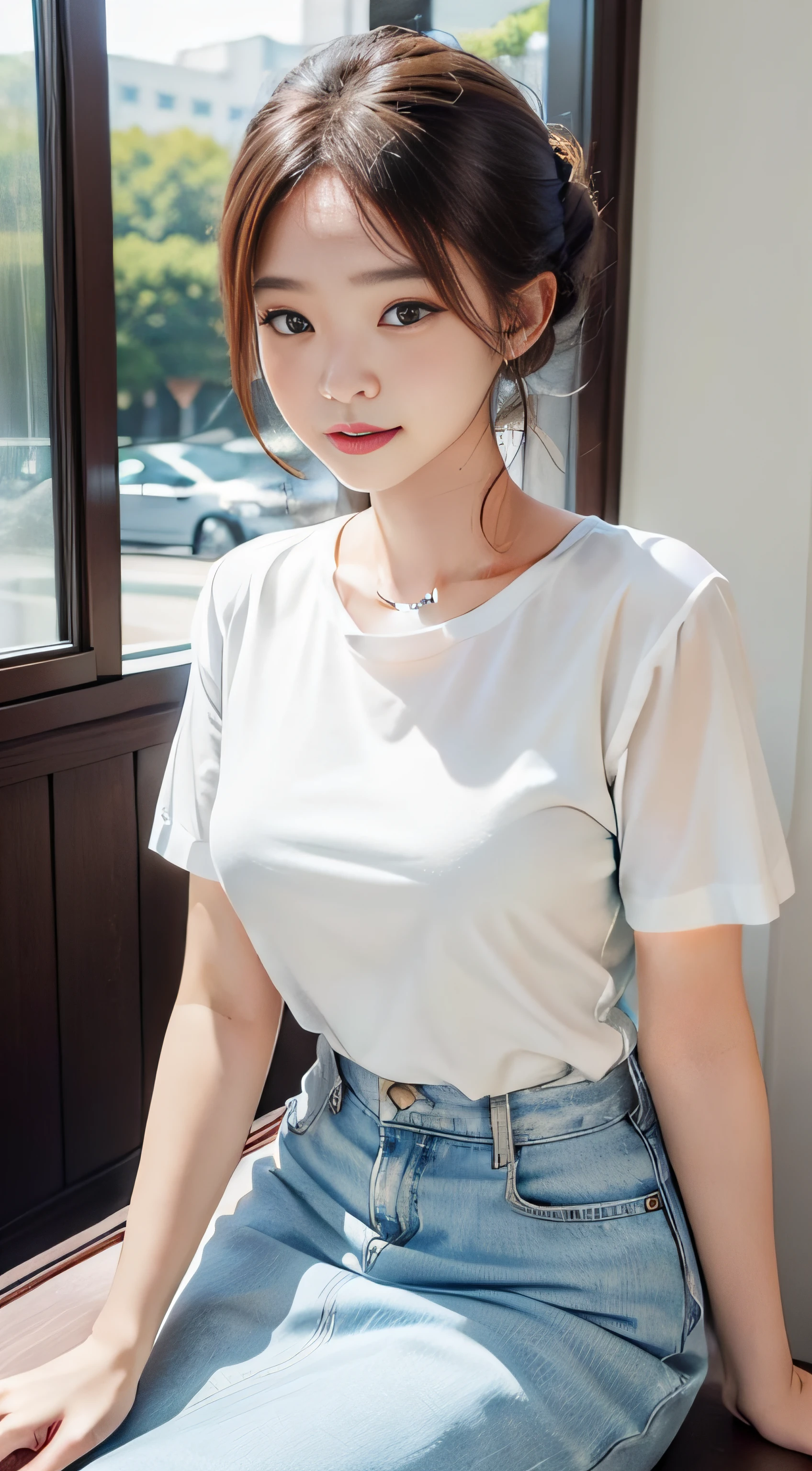 ​masterpiece、Top image quality:1.2、((beautiful young woman with))、Transparent skin:1.2、{A slight smil}、(kawaii)、Short sleeve knit、luxury hotel、depth of fields