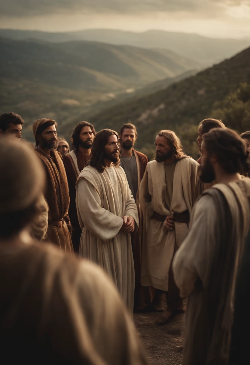 Jesus and his disciples typical Biblical era clothing on a mountain and a crowd around him, dia ensolarado