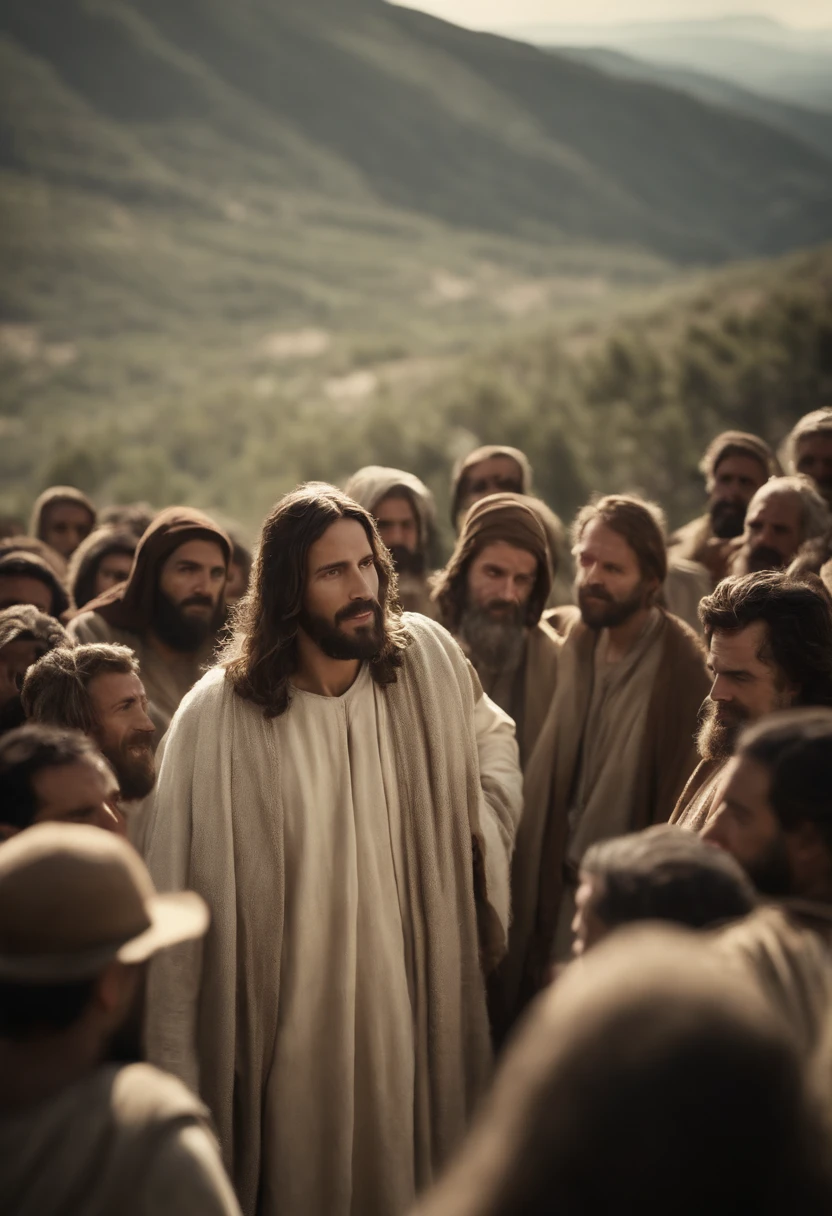 Jesus and his disciples typical Biblical era clothing on a mountain and a crowd around him, dia ensolarado