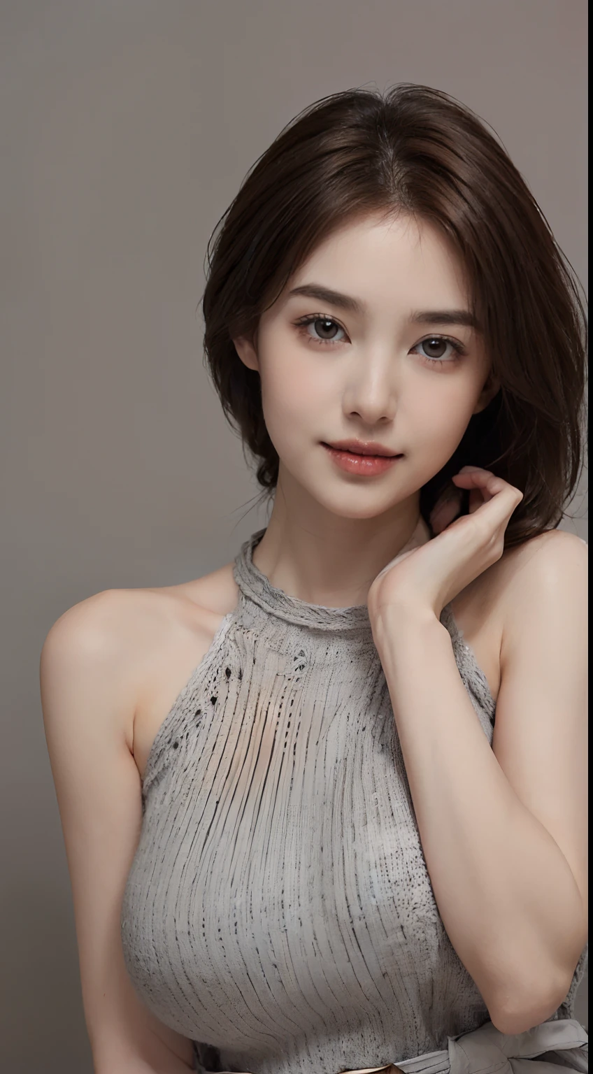 top-quality、Draw details、(Put your face and upper body in:2)、tmasterpiece、超A high resolution、(Realistic:1.4)、RAW photo、(Beautiful fece:1.5)、Cute  Turtle、[Smile]、(Brown medium hair:2)、1 rapariga、(Firm breasts, Huge breasts:1.8)、(Fair and clean skin:1.7)、(slenderness:1.5)、(Thin waist, Thin arms, thin neck, Thin shoulders:1.5)、(dress、Sleeveless、knitting、Gray:1.5)、Break (Simple gradient background、Gray:1.5)、(flat lighting、Soft lighting:1.3)