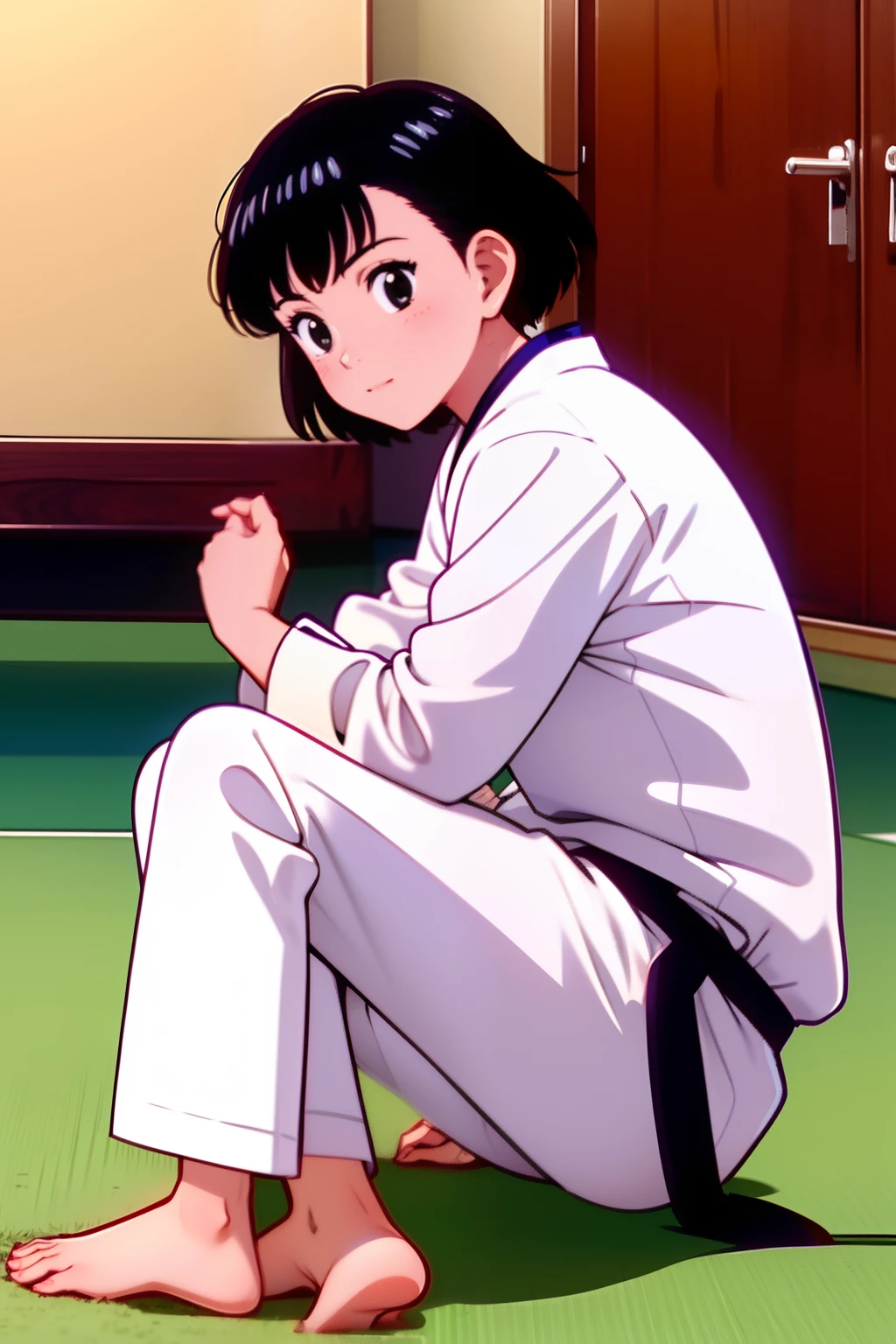 1girl, YAWARA, short hair, black haie, black eyes, Judo uniform, Judo-pants, black belt, bare feet, 1 side-up short-tail, white inner shirt,