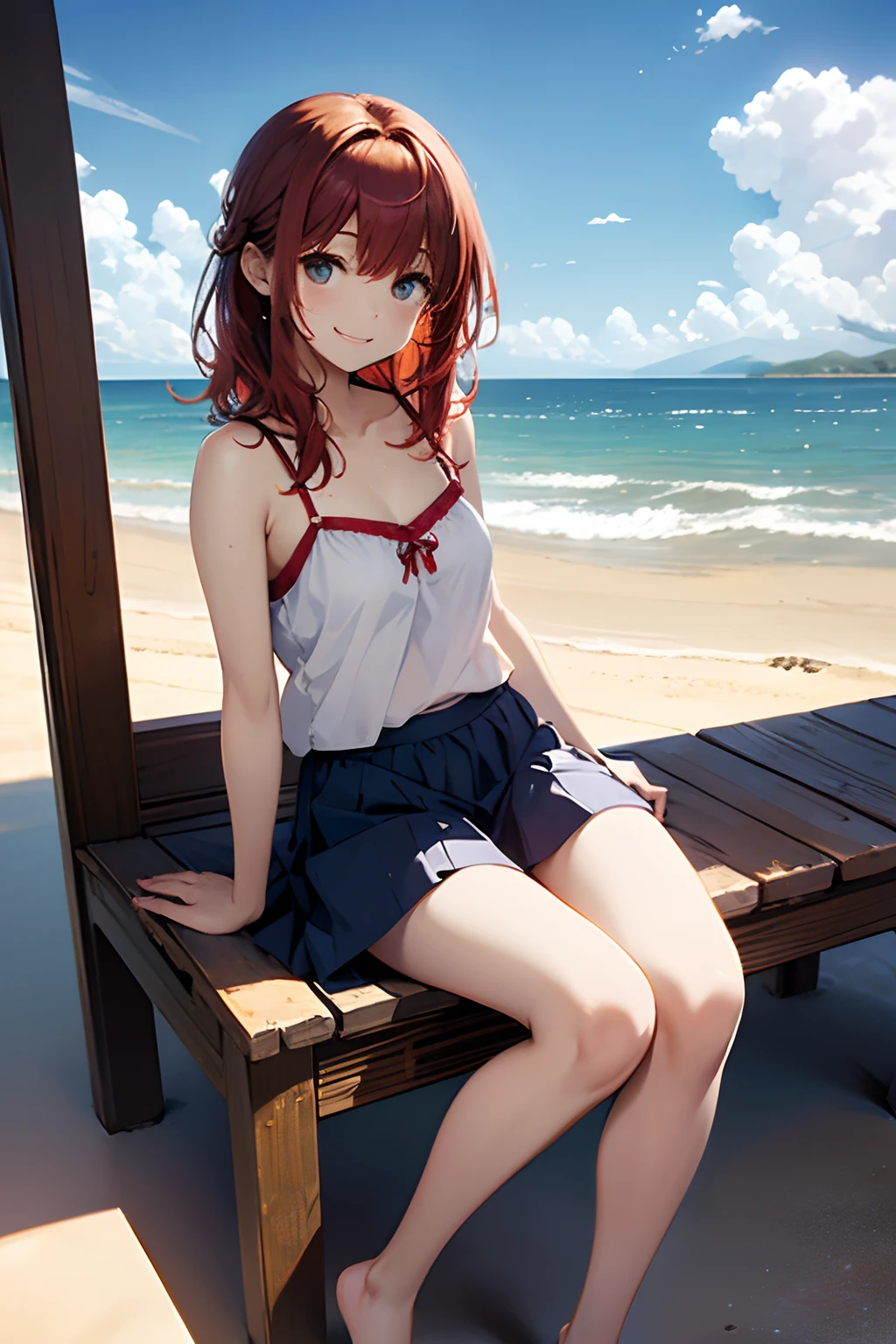 Red hair, red bikini, beach, bored expression, sitting hunched over