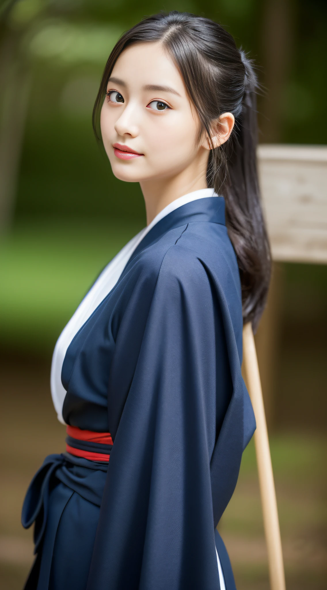 (((32ｋ,high detal,high-detail、​masterpiece,Attention to detail,full body Esbian,独奏))),Raw photo & realistic atmosphere,beautiful dark blue eyes,Detailed mouth,Glossy lips,Detailed eyebrows,Eyes drawn in detail with soft white skin that shines in every detail、Very beautiful eyes with azure eyes,Detailed lips、Very beautiful face,Very well-formed face、Lifelike face,shiny beautiful lips,Beautiful eyebrows,Infinite reality, Realistic Young Gravure Idol,Very cute high school girl, , Young Sensual Gravure Idol, Young Gravure Idol, extremely beautiful and cute１7  old schoolgirl,with a flushed face,Incredibly beautiful and classy１7 year beautiful girl,natural soft light,（Black shiny hair,,bare-legged,Kendo kimono and hakama,Beautiful kind eyes：1.5）,（youthfulness,Wearing kendo armor,Beautiful smooth legs,Exposed thighs,Thighs protruding from hakama,Gentle smile,well-shaped breasts,,Immature body,Japan Kendo Kimono,Kendo Match,Japanese style semi-long ponytail hair,Bunk your hair high and tie it into one,Beautiful posture,posterior view,facing back,no-makeup,woman samurai,woman swordsman：1.6）