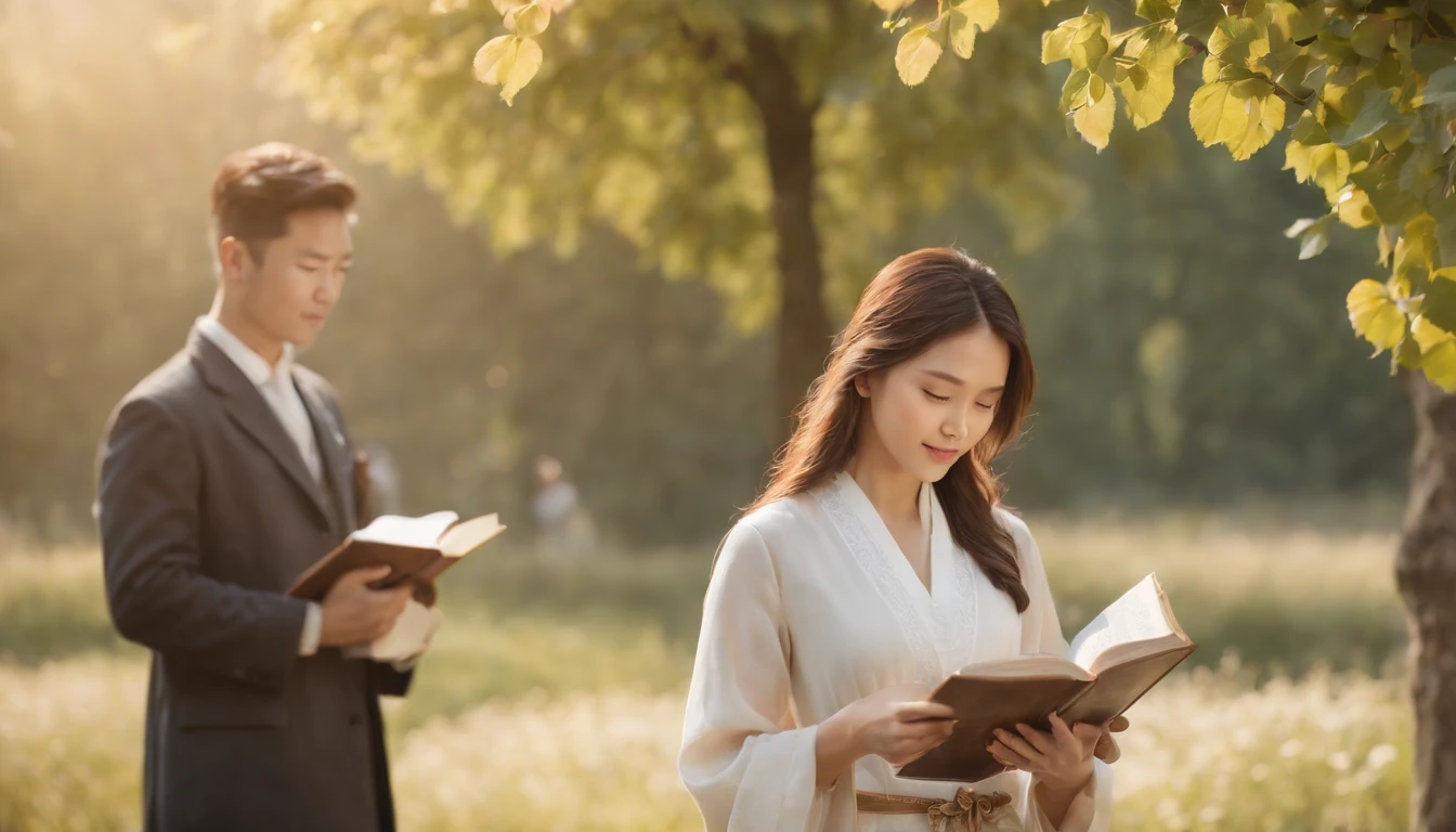 (Best Quality,Ultra-detailed,realisitic:1.37),portrait of a,Korean men and women reading the Bible,Oil Painting,Cathedral attire, View of the cathedral in the distance,Peaceful garden scene,Soft sunlight,tranquil expression,wisdom,Bible Quotes,vibrant colours,delicate brushwork,subtle textures,lush greenery,Contemplative atmosphere,Beautiful picture book,Highlighted features:Eyes in focus,gentle smiling,Graceful posture,Sunlight shining through the trees,rays,Quiet surroundings,serene ambiance,A Blessed Moment