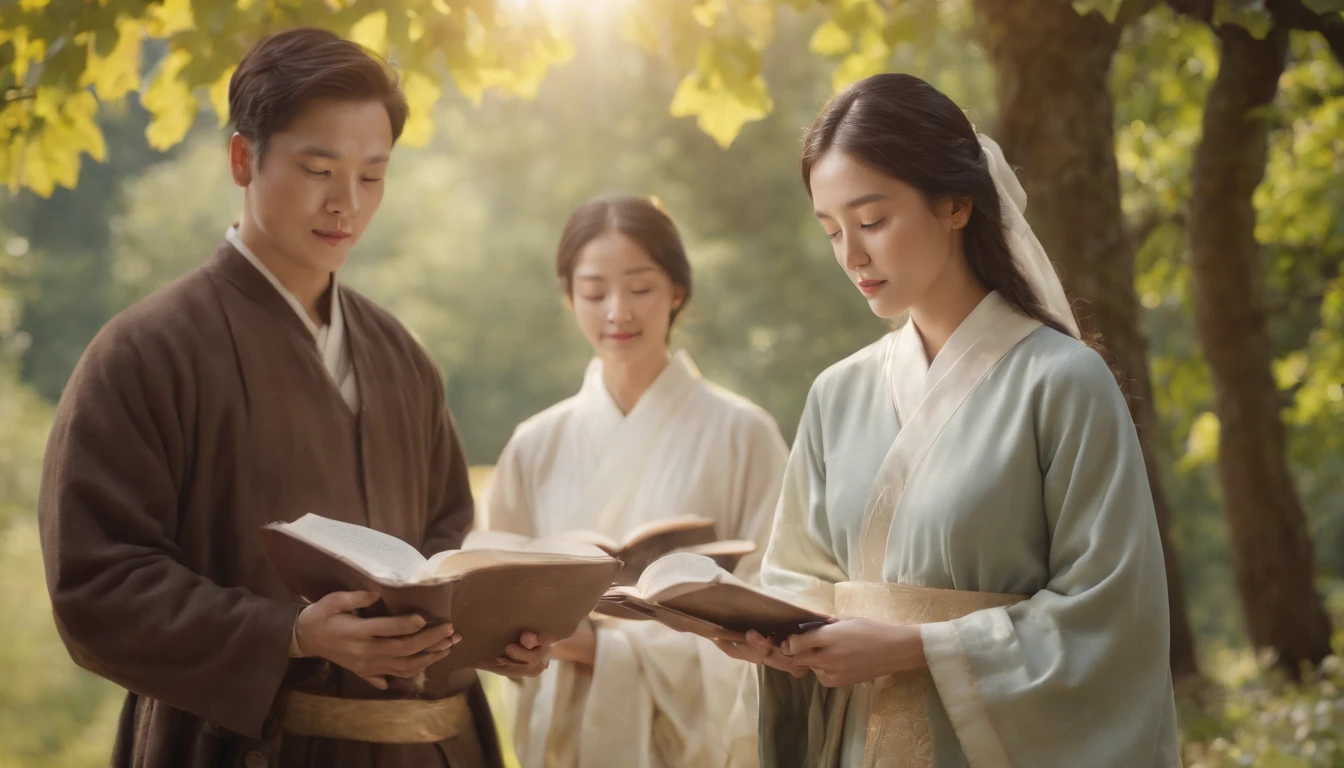 (Best Quality,Ultra-detailed,realisitic:1.37),portrait of a,Korean men and women reading the Bible,Oil Painting,Cathedral attire, View of the cathedral in the distance,Peaceful garden scene,Soft sunlight,tranquil expression,wisdom,Bible Quotes,vibrant colours,delicate brushwork,subtle textures,lush greenery,Contemplative atmosphere,Beautiful picture book,Highlighted features:Eyes in focus,gentle smiling,Graceful posture,Sunlight shining through the trees,rays,Quiet surroundings,serene ambiance,A Blessed Moment
