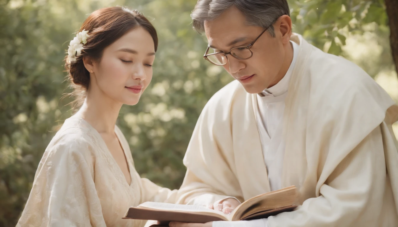 (Best Quality,Ultra-detailed,realisitic:1.37),portrait of a,Korean men and women reading the Bible,Oil Painting,Cathedral attire, View of the cathedral in the distance,Peaceful garden scene,Soft sunlight,tranquil expression,wisdom,Bible Quotes,vibrant colours,delicate brushwork,subtle textures,lush greenery,Contemplative atmosphere,Beautiful picture book,Highlighted features:Eyes in focus,gentle smiling,Graceful posture,Sunlight shining through the trees,rays,Quiet surroundings,serene ambiance,A Blessed Moment